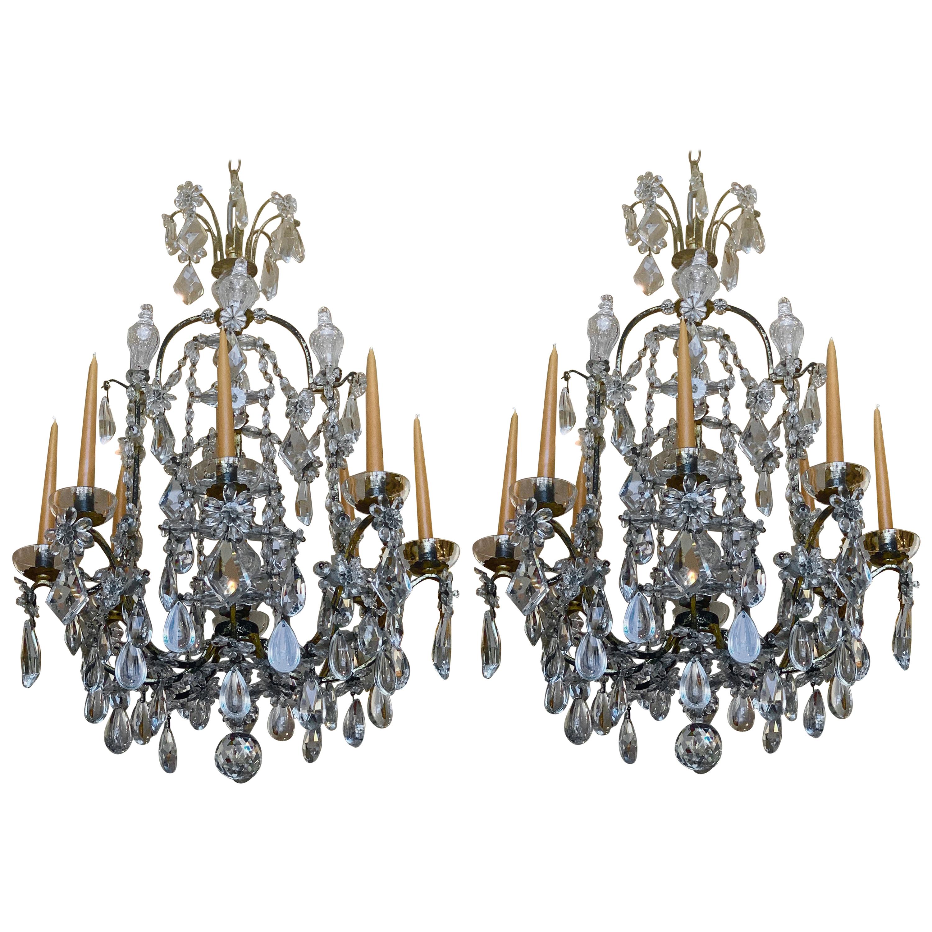 Pair of Early 20th Century Baguès Louis XVI Iron and Crystal Chandeliers