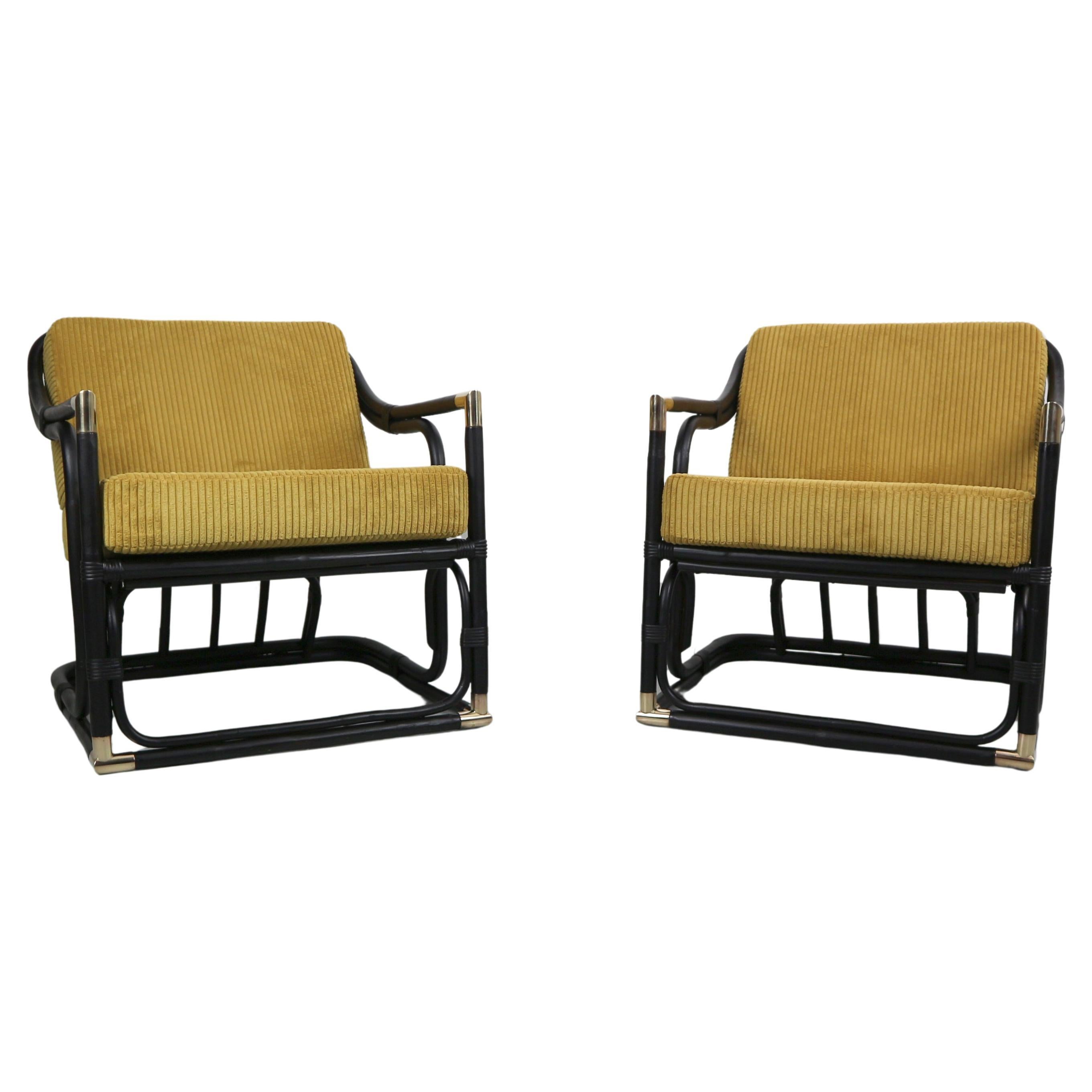 Paire de chaises longues en bambou et laiton du début du 20e siècle, France en vente