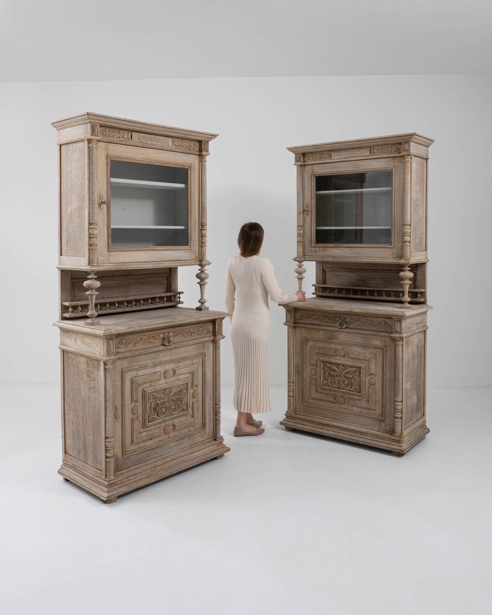 Brass Pair of Early 20th Century Belgian Oak Vitrines à Deux Corps