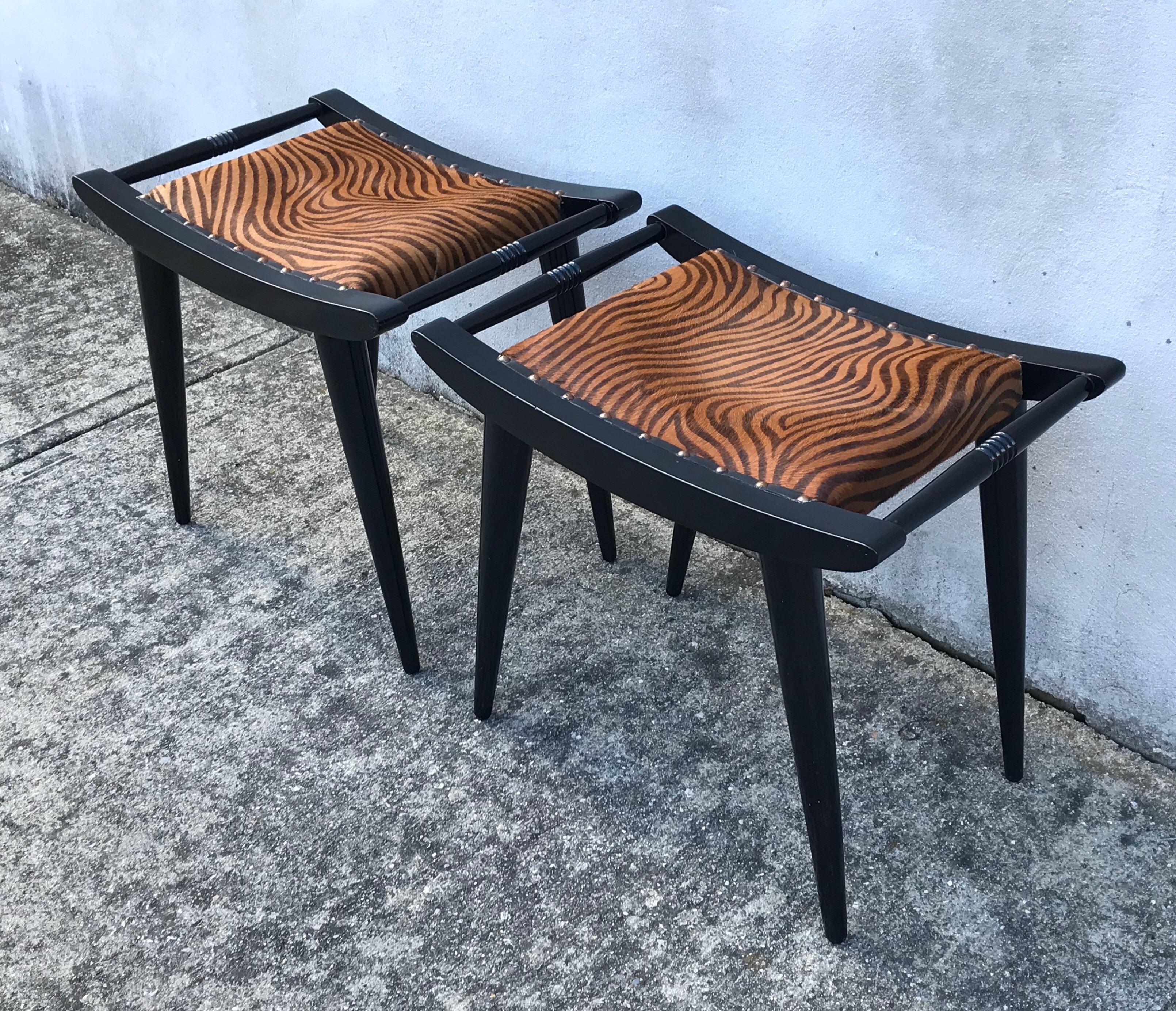 American Pair of Art Deco Black Lacquered Zebra Printed Calf Hair Side Stools, 1930's For Sale