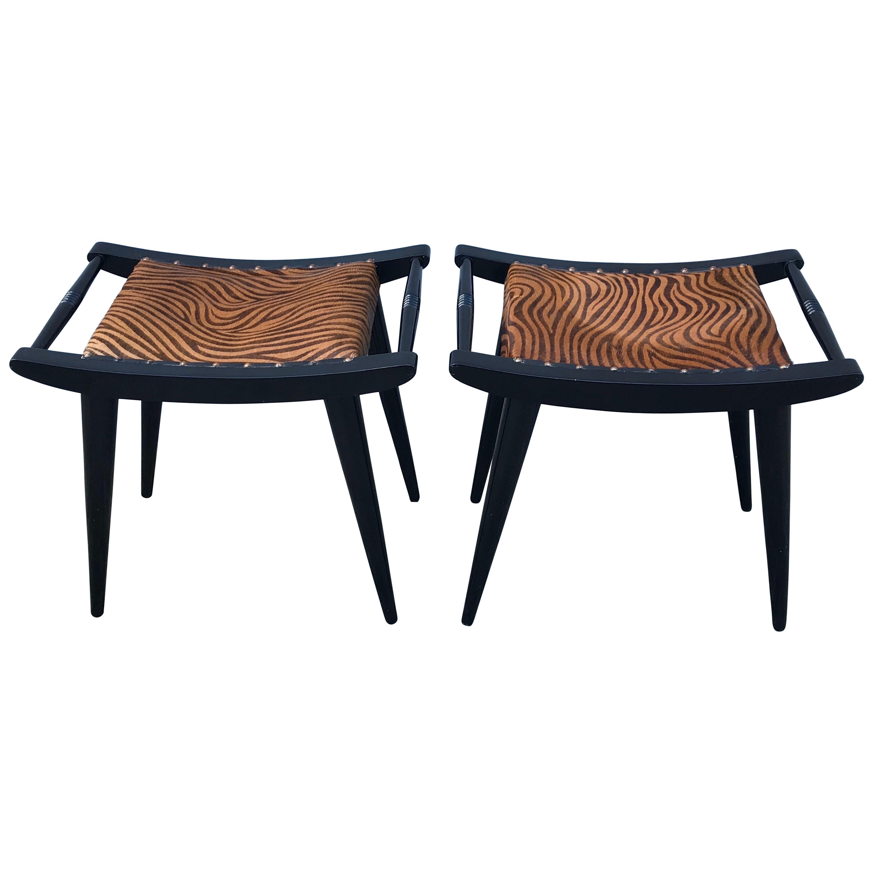 Pair of Art Deco Black Lacquered Zebra Printed Calf Hair Side Stools, 1930's For Sale