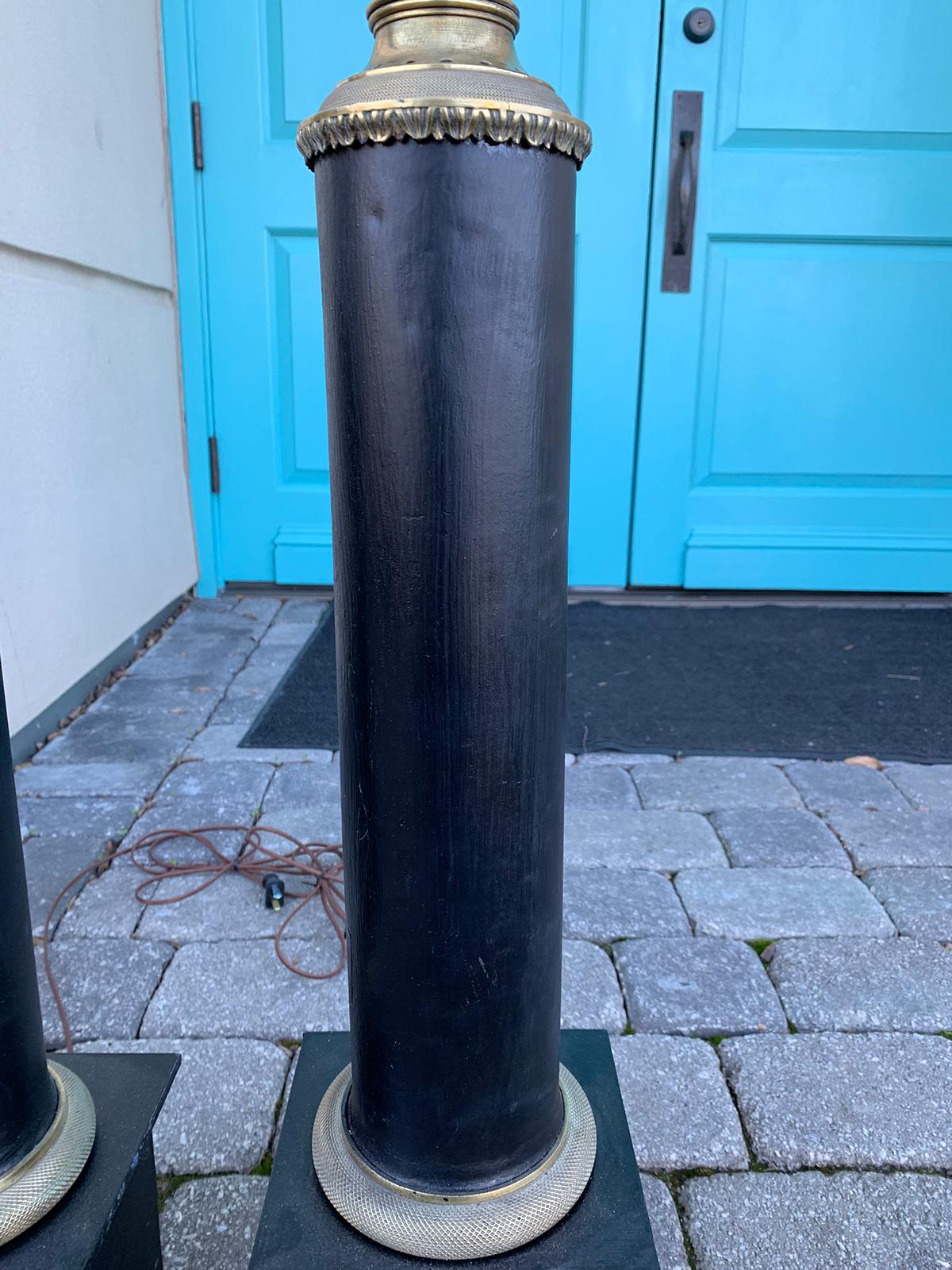 Pair of Early 20th Century Black Tole Column Lamps For Sale 3