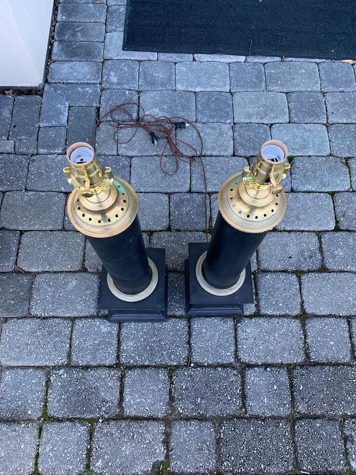 Pair of Early 20th Century Black Tole Column Lamps For Sale 5