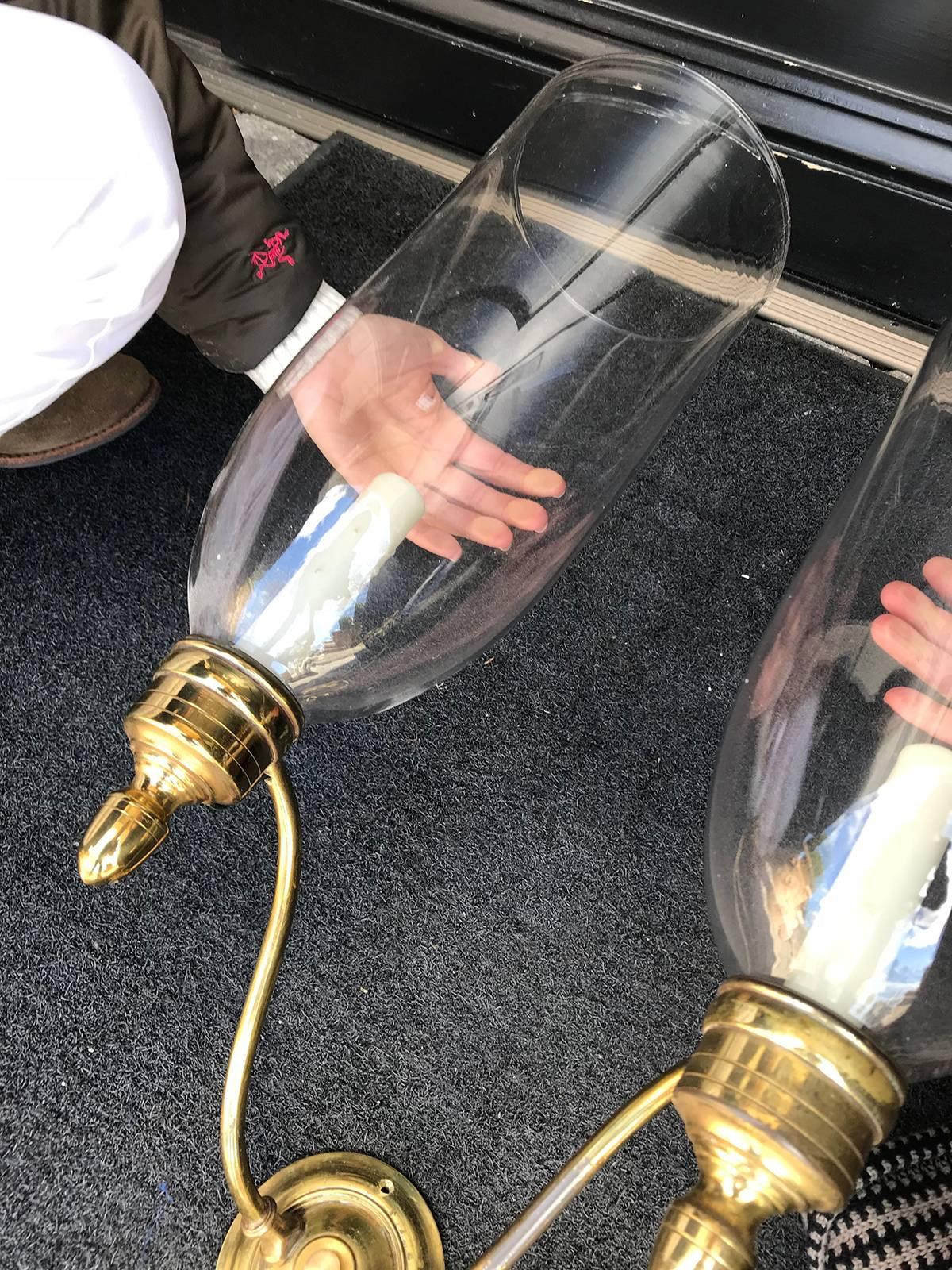 Pair of Early 20th Century Brass, Two-Arm Sconces with Handblown Hurricanes In Good Condition In Atlanta, GA