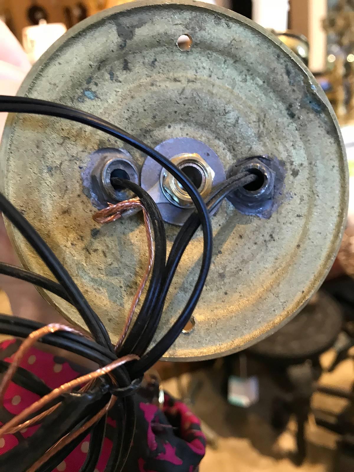 Pair of Early 20th Century Brass, Two-Arm Sconces with Handblown Hurricanes 4