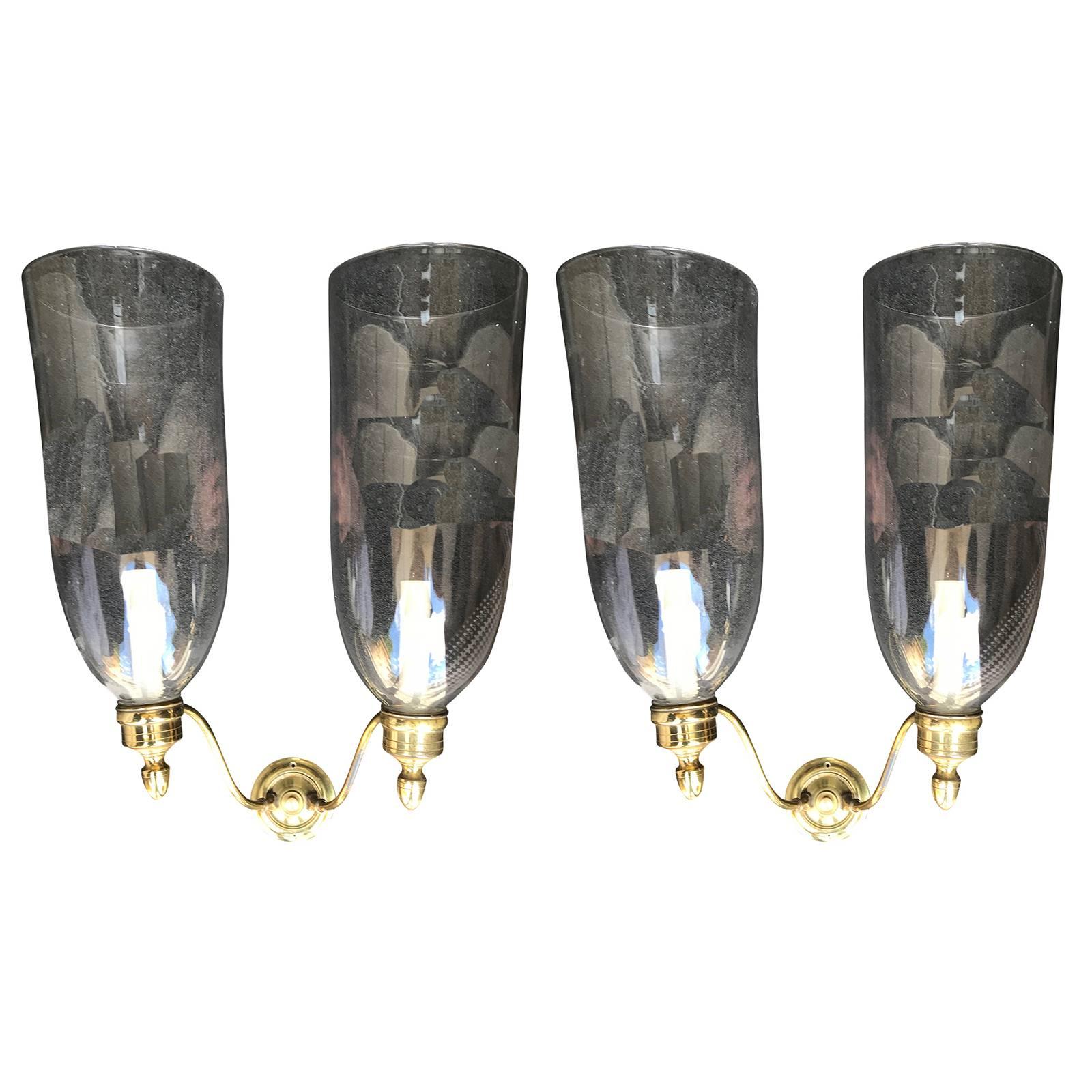 Pair of Early 20th Century Brass, Two-Arm Sconces with Handblown Hurricanes