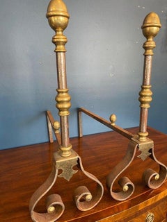 Pair of Early 20th Century Brass and Iron Andirons with Scrolled Feet