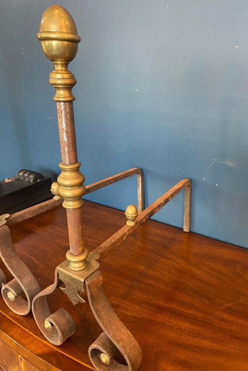 Unknown Pair of Early 20th Century Brass and Iron Andirons with Scrolled Feet For Sale