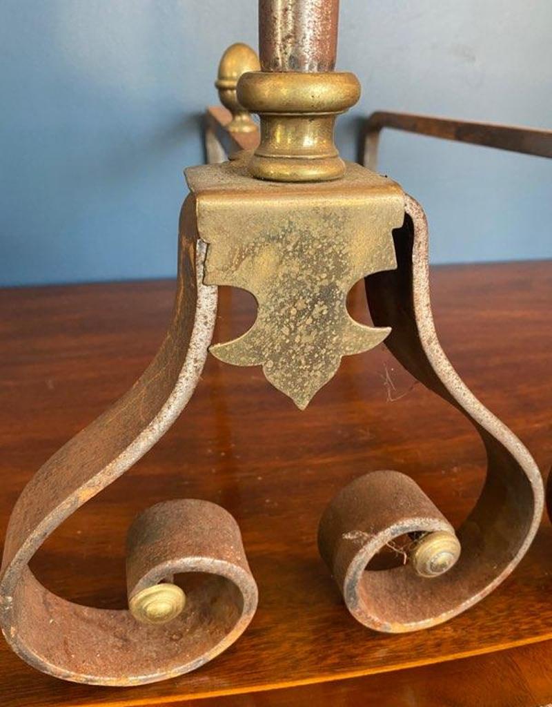 Pair of Early 20th Century Brass and Iron Andirons with Scrolled Feet For Sale 1