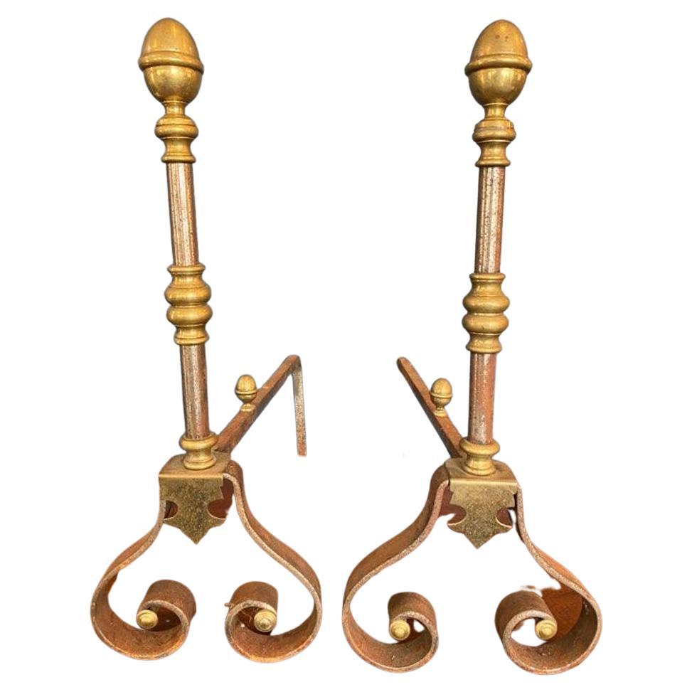 Pair of Early 20th Century Brass and Iron Andirons with Scrolled Feet For Sale