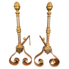 Pair of Early 20th Century Brass and Iron Andirons with Scrolled Feet