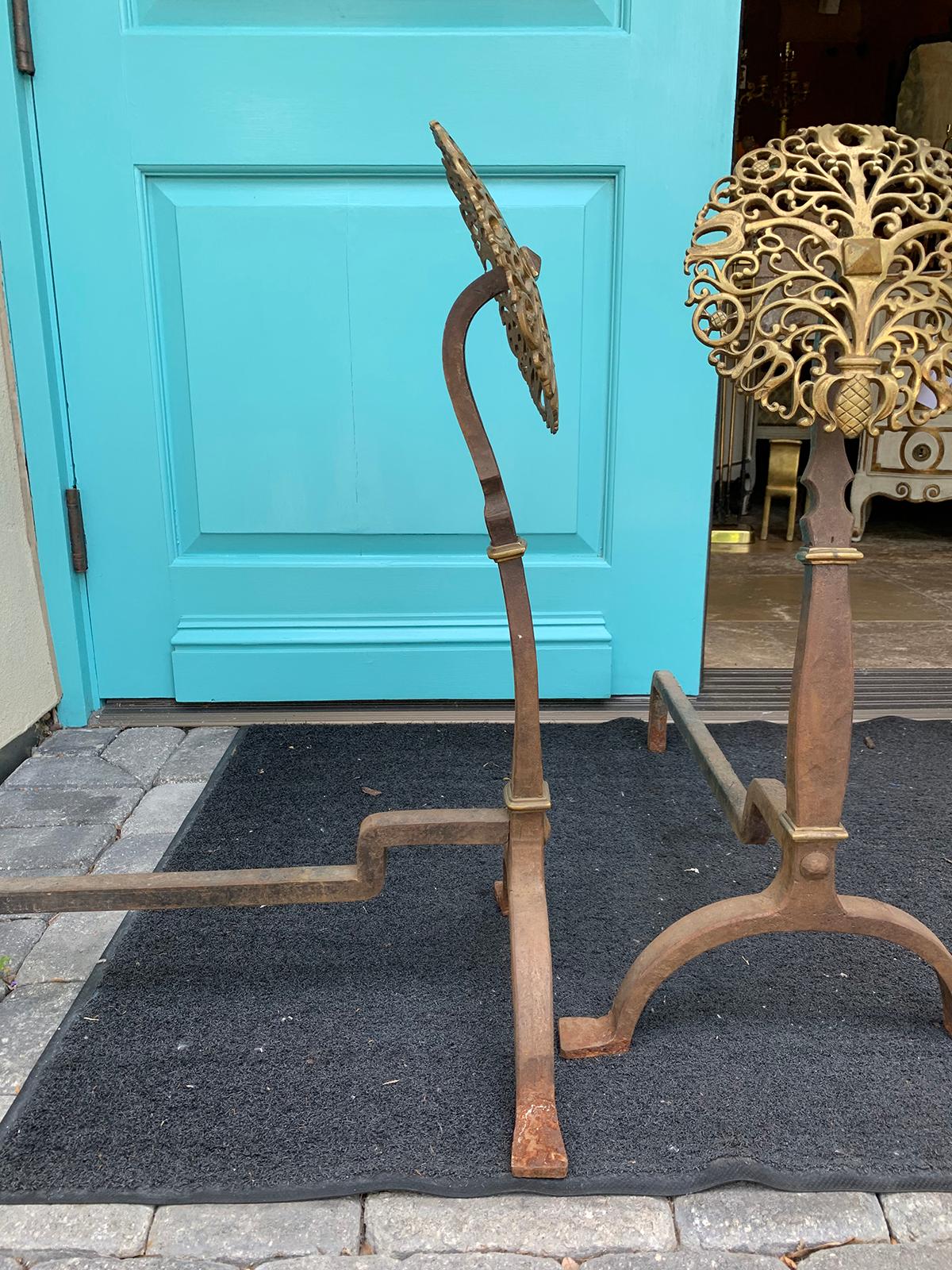 Pair of Early 20th Century Brass and Steel Medallion Andirons, circa 1900 8