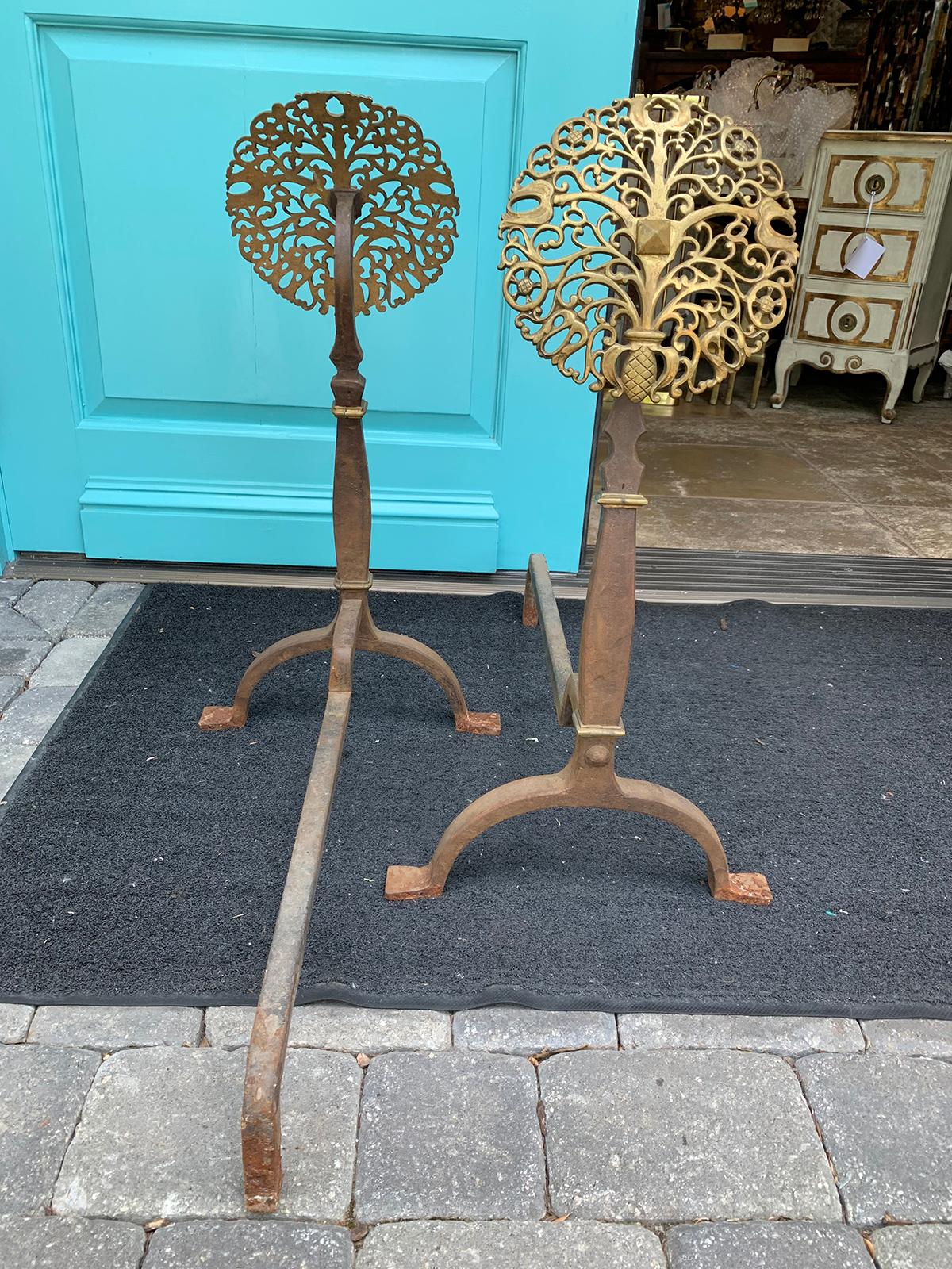 Pair of Early 20th Century Brass and Steel Medallion Andirons, circa 1900 9