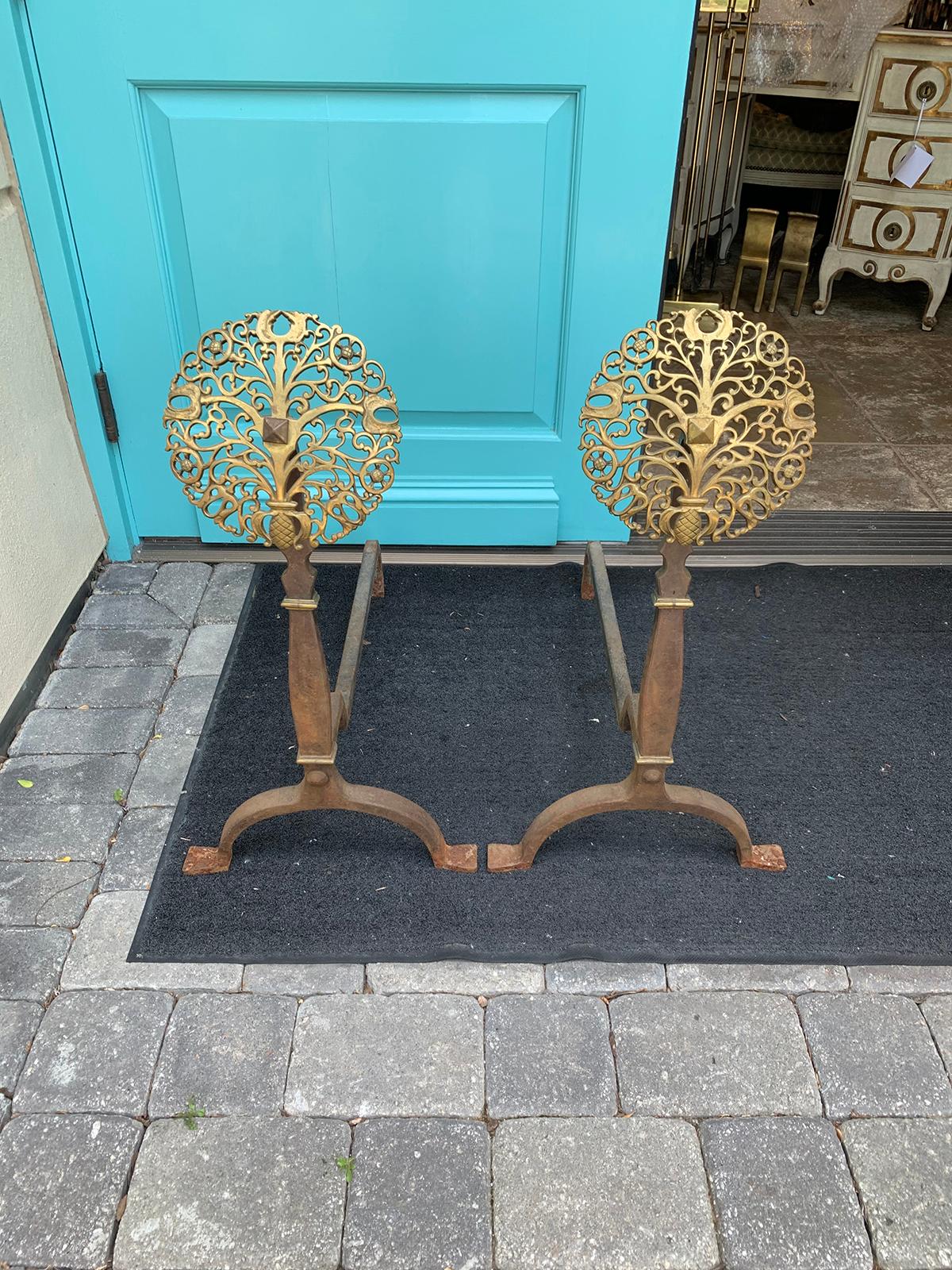 Pair of Early 20th Century Brass and Steel Medallion Andirons, circa 1900 12