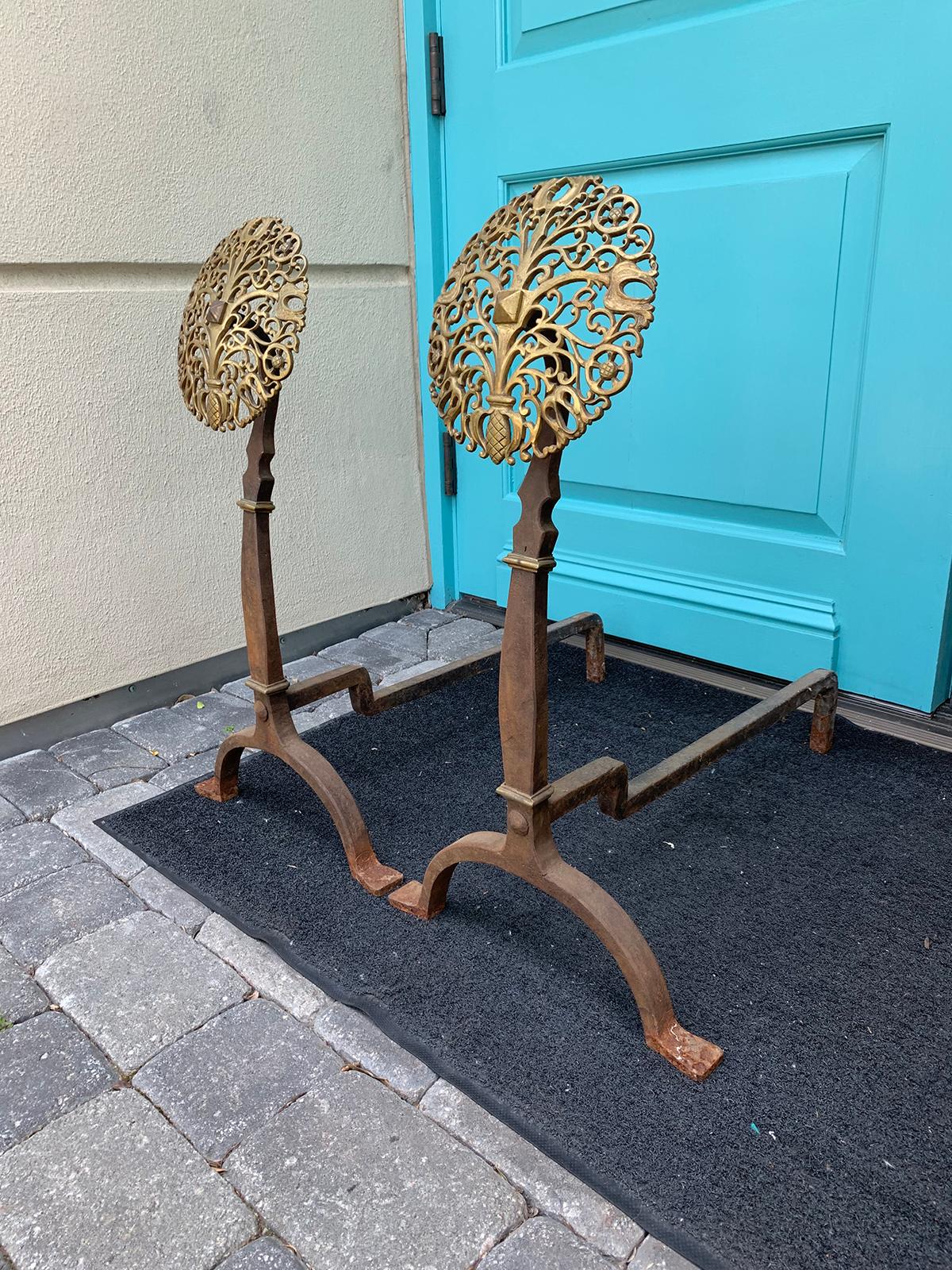 Pair of Early 20th Century Brass and Steel Medallion Andirons, circa 1900 In Good Condition In Atlanta, GA