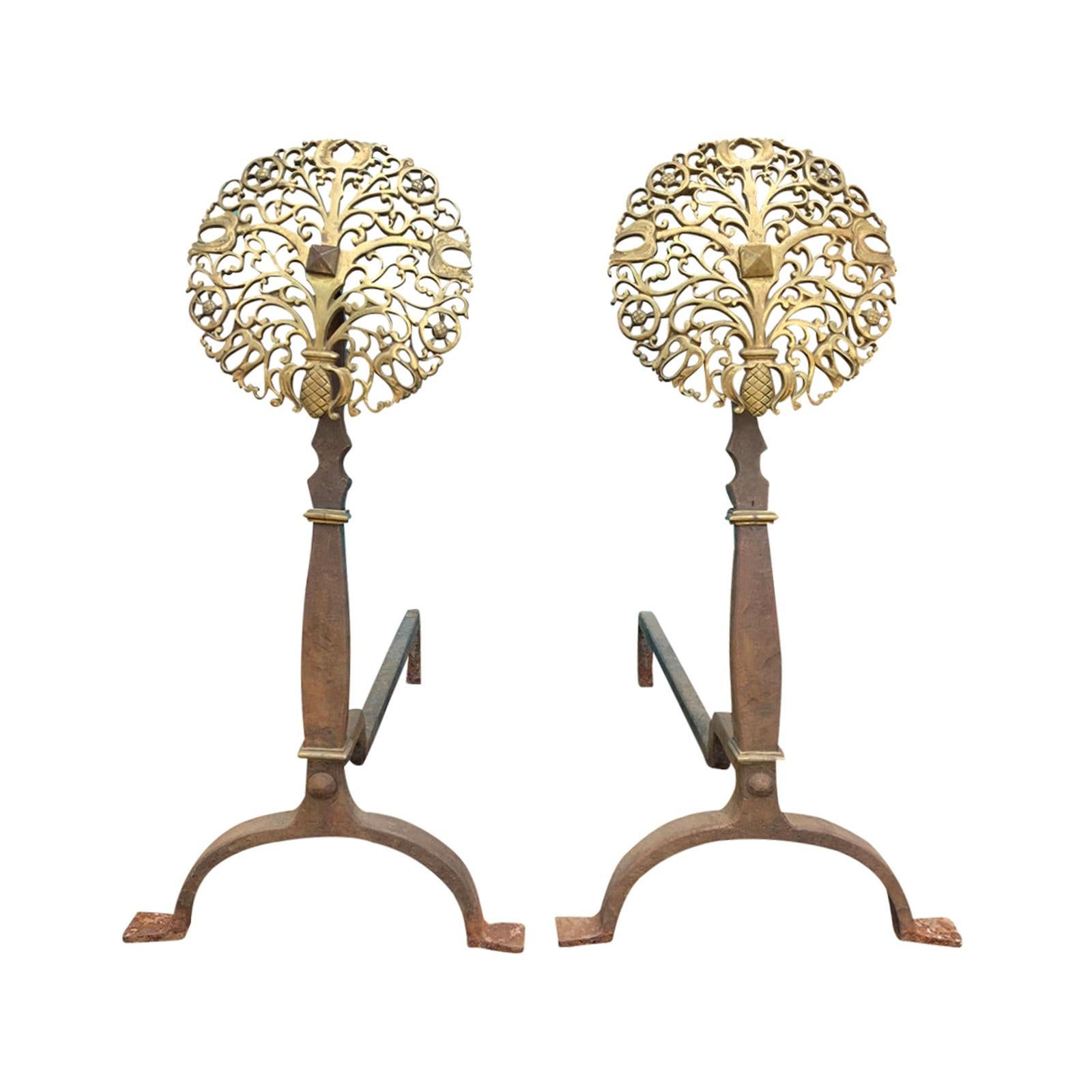 Pair of Early 20th Century Brass and Steel Medallion Andirons, circa 1900