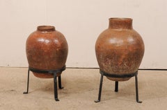 Pair of Early 20th Century Brazilian Glazed Terracotta Jars on Stands