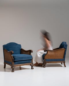 Pair of Early 20th Century British Navy Edwardian Velvet Armchairs Cane Panels