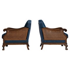 Pair of Early 20th Century British Navy Edwardian Velvet Armchairs Cane Panels
