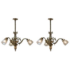 Pair of Early 20th Century Bronze and Glass Chandeliers