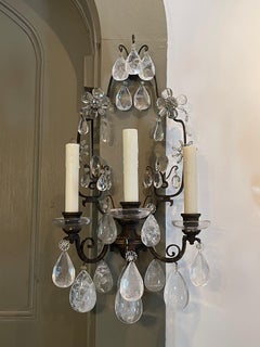 Pair of Early 20th Century Bronze and Rock Crystal Wall Sconces