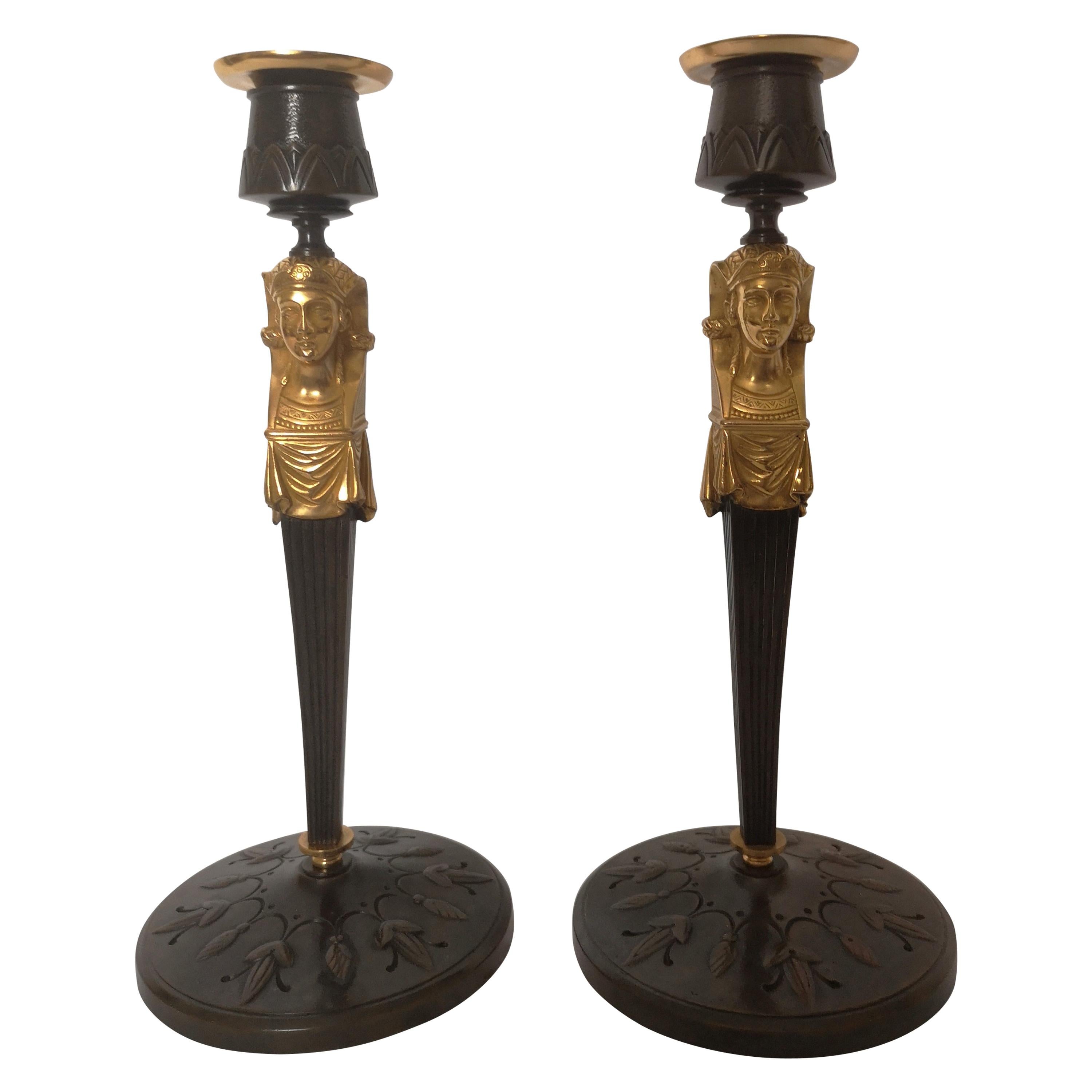 Pair of Early 20th Century Bronze Egyptian Revival Candlesticks For Sale