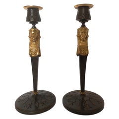 Pair of Early 20th Century Bronze Egyptian Revival Candlesticks