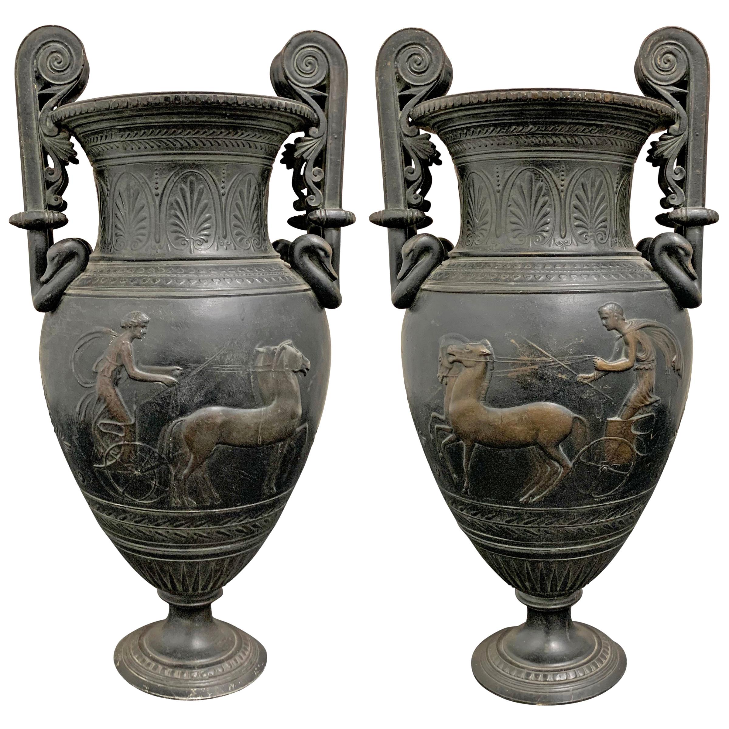 Pair of Early 20th Century Bronze Roman-Style Urns For Sale