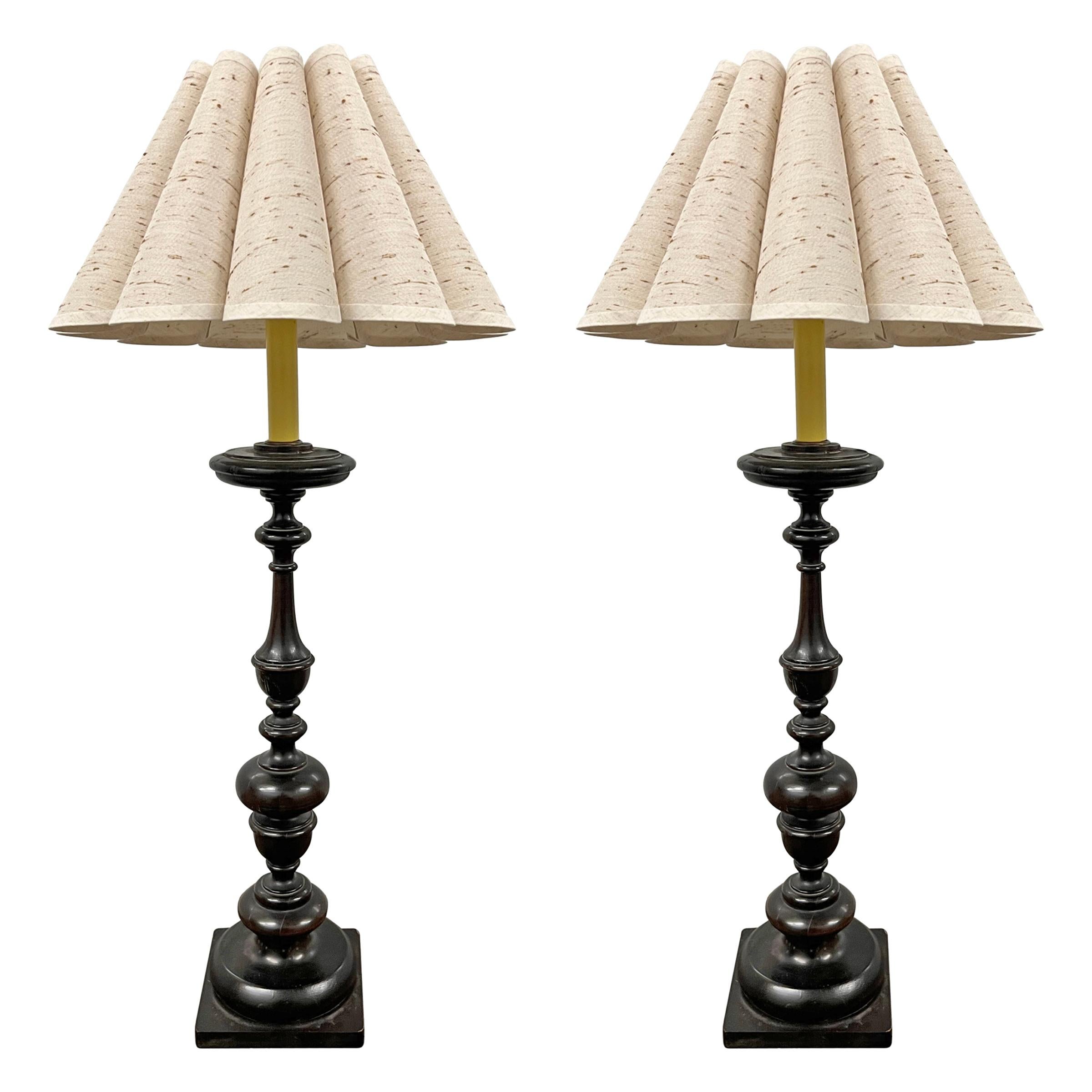 Pair of Early 20th Century Candlestick Lamps with Scalloped Linen Shades