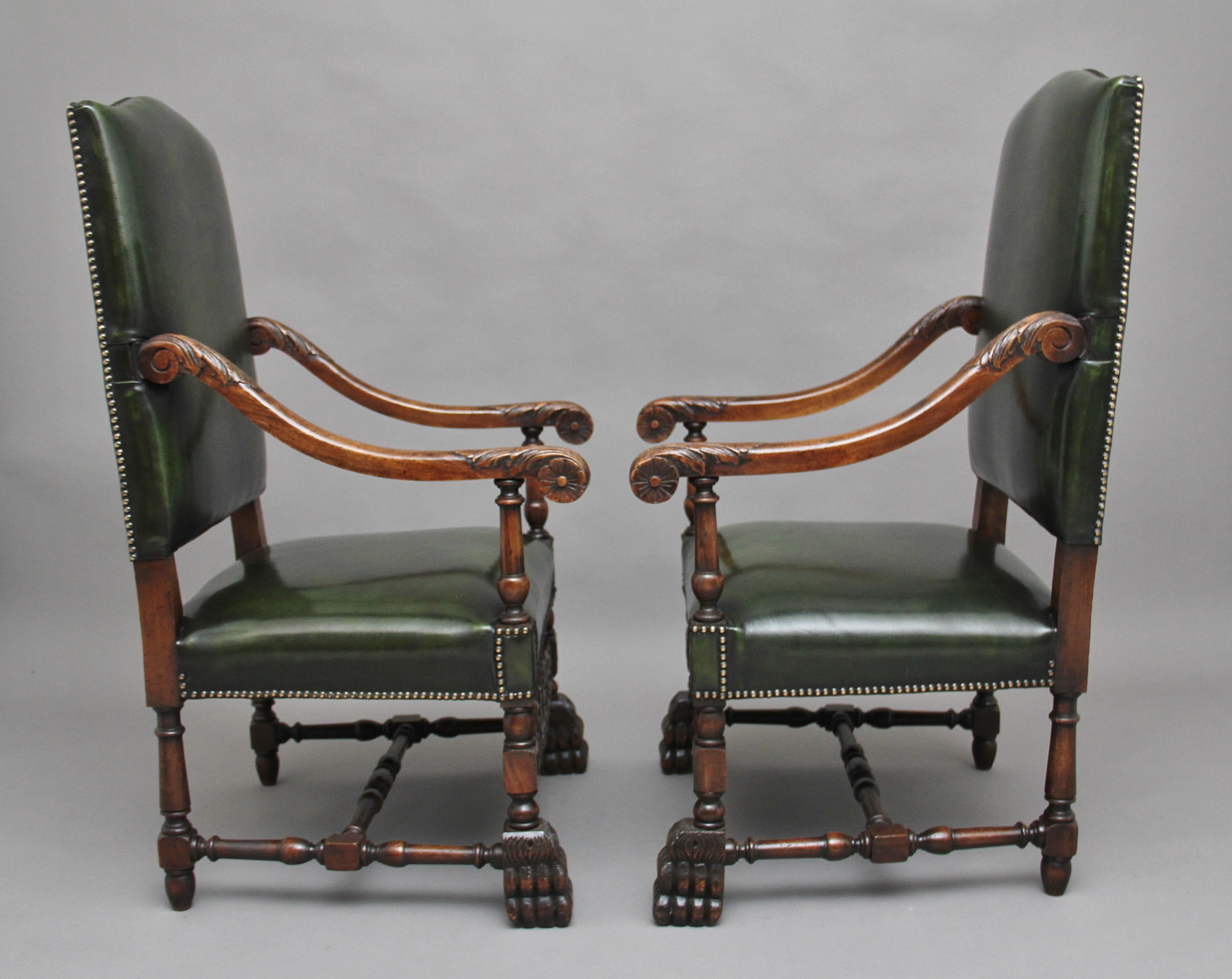 Edwardian Pair of Early 20th Century Carved Armchairs in the Carolean Style