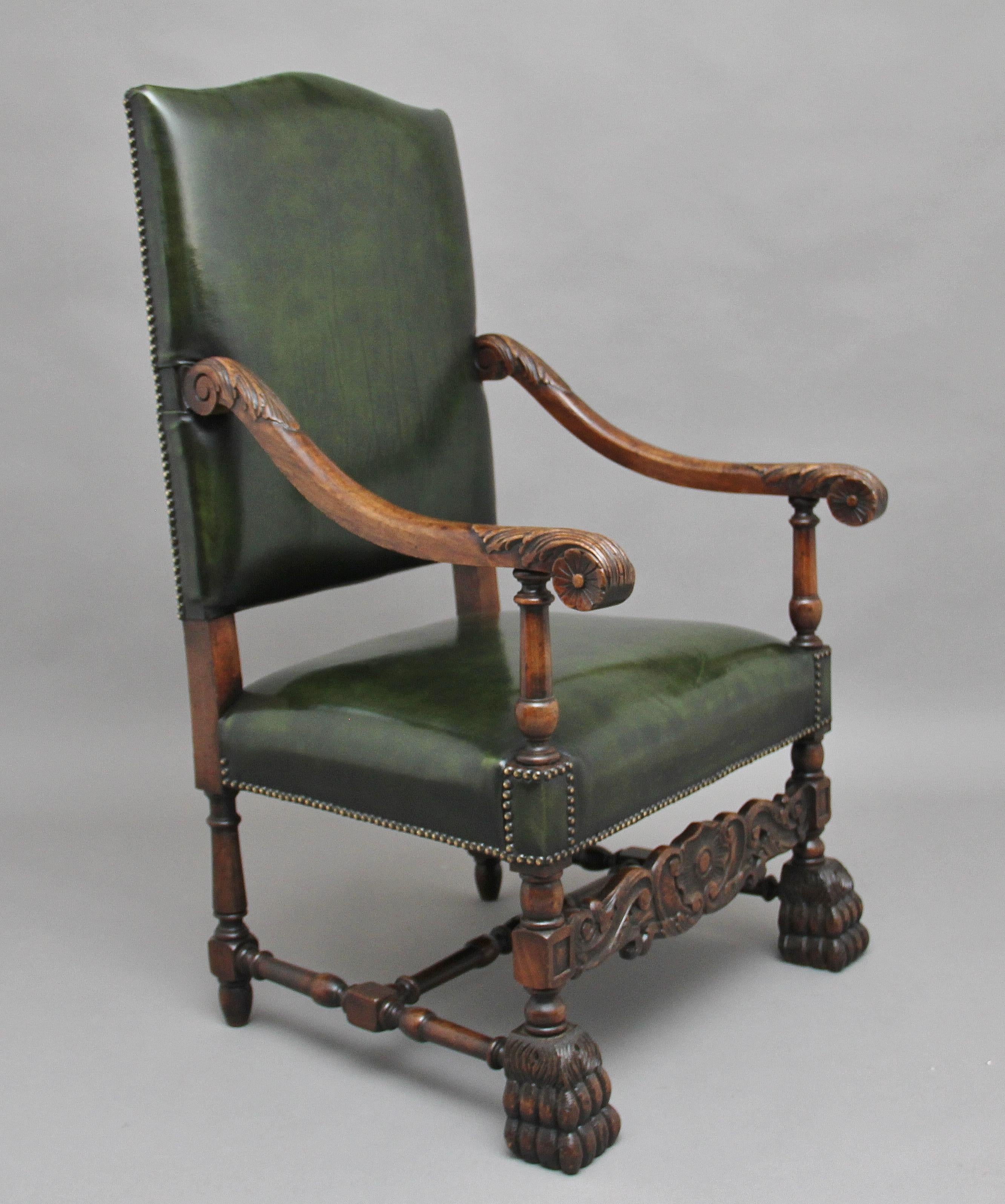 Hardwood Pair of Early 20th Century Carved Armchairs in the Carolean Style