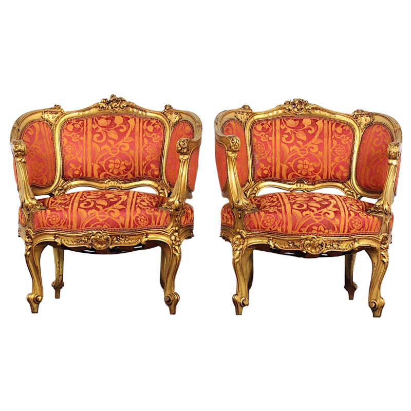 Pair of Early 20th Century Carved Gilt Louis XV Armchairs