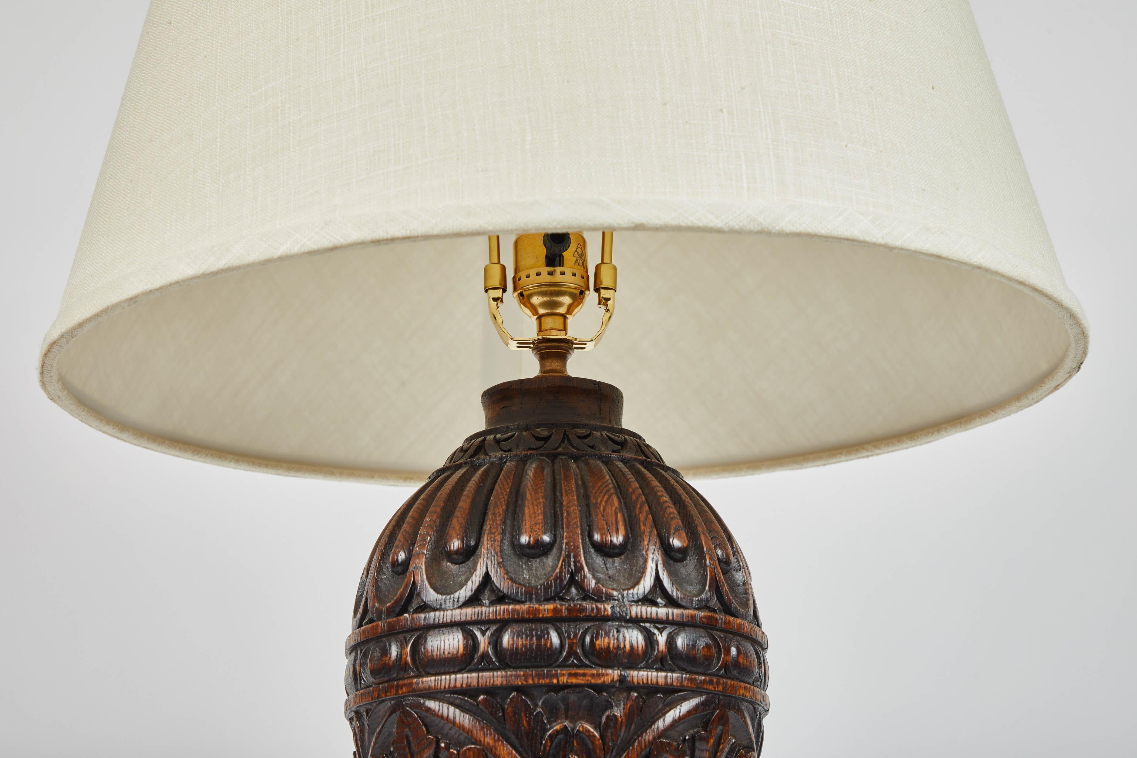 Danish Pair of Early 20th Century Carved Oak Lamps