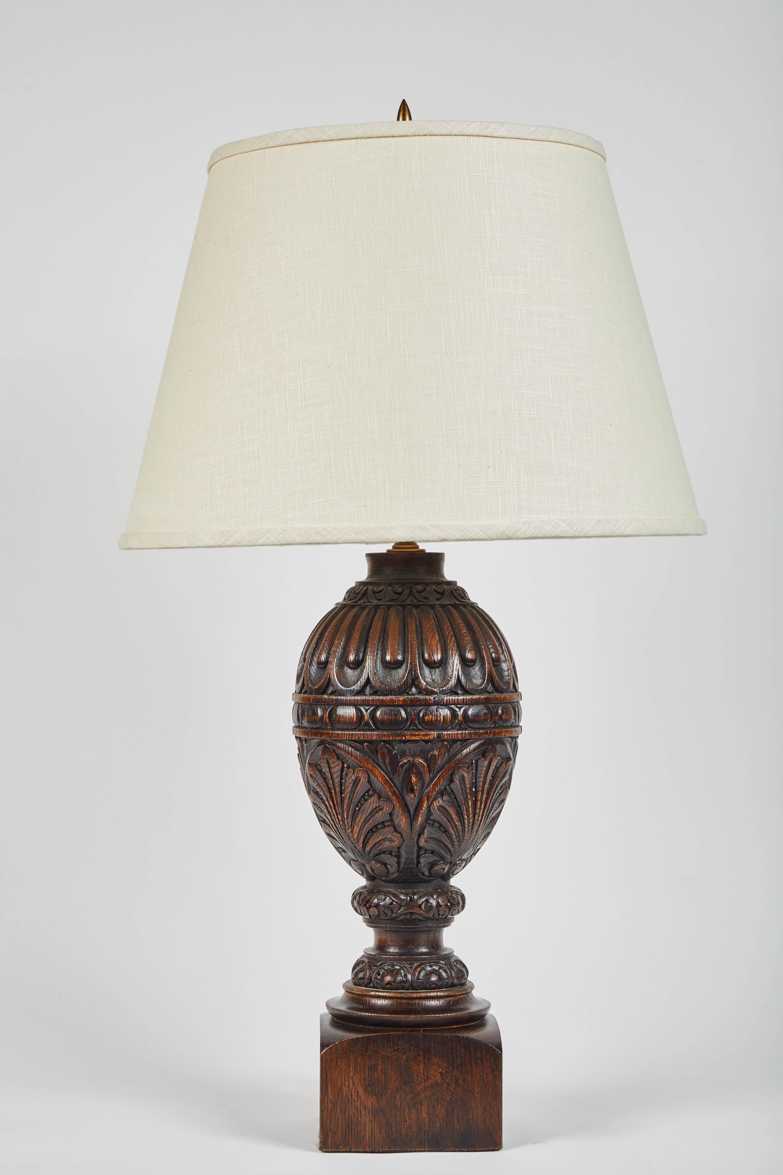 Pair of Early 20th Century Carved Oak Lamps 2