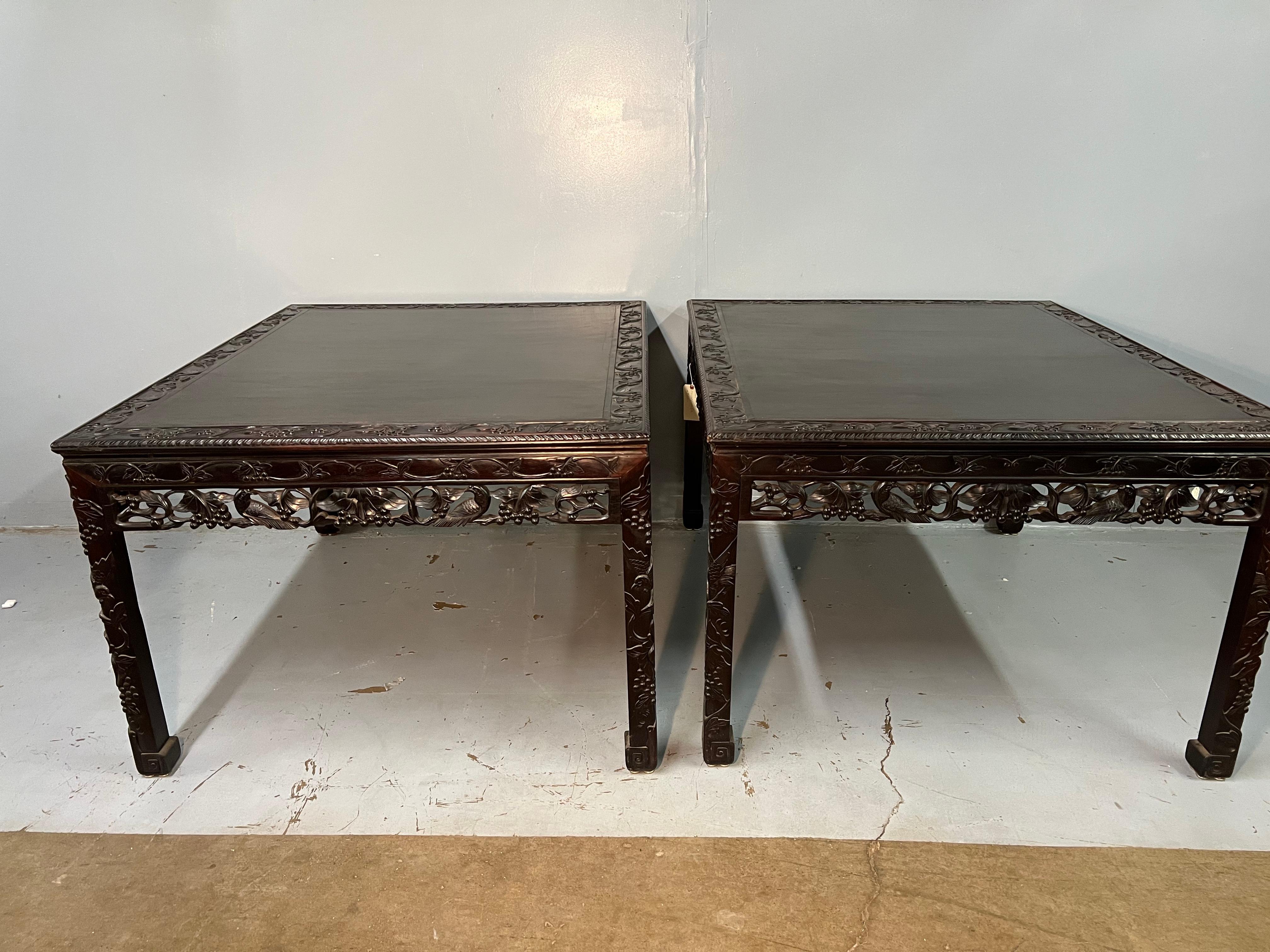 Chinese Export Pair of Early 20th Century Carved Rosewood Chinese Center Tables For Sale