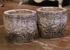 Pair of Early 20th Century Carved Stone Planters with Vine and Grape Decor