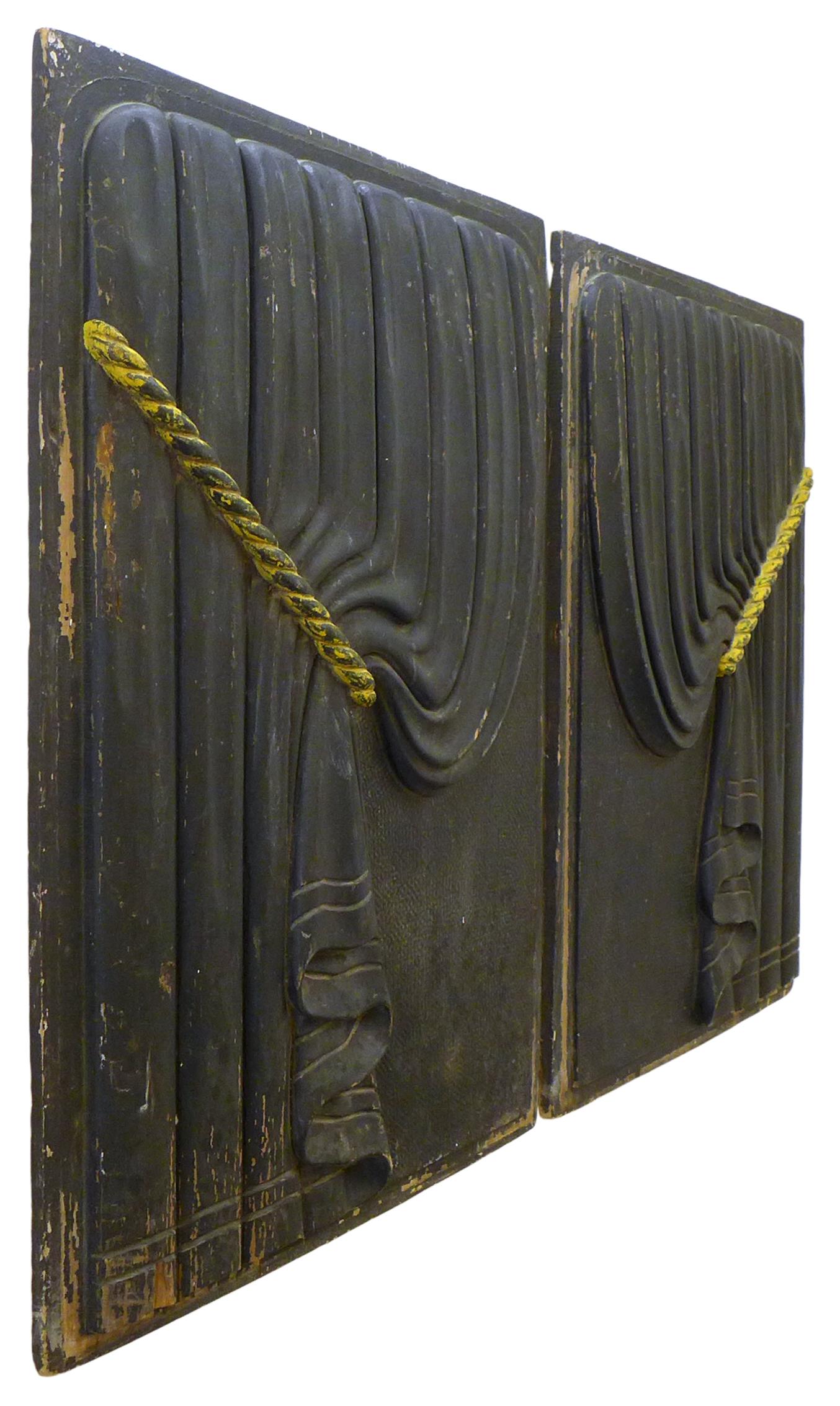 American Pair of Early 20th Century Carved Wood Funeral Coach Curtain Panels For Sale