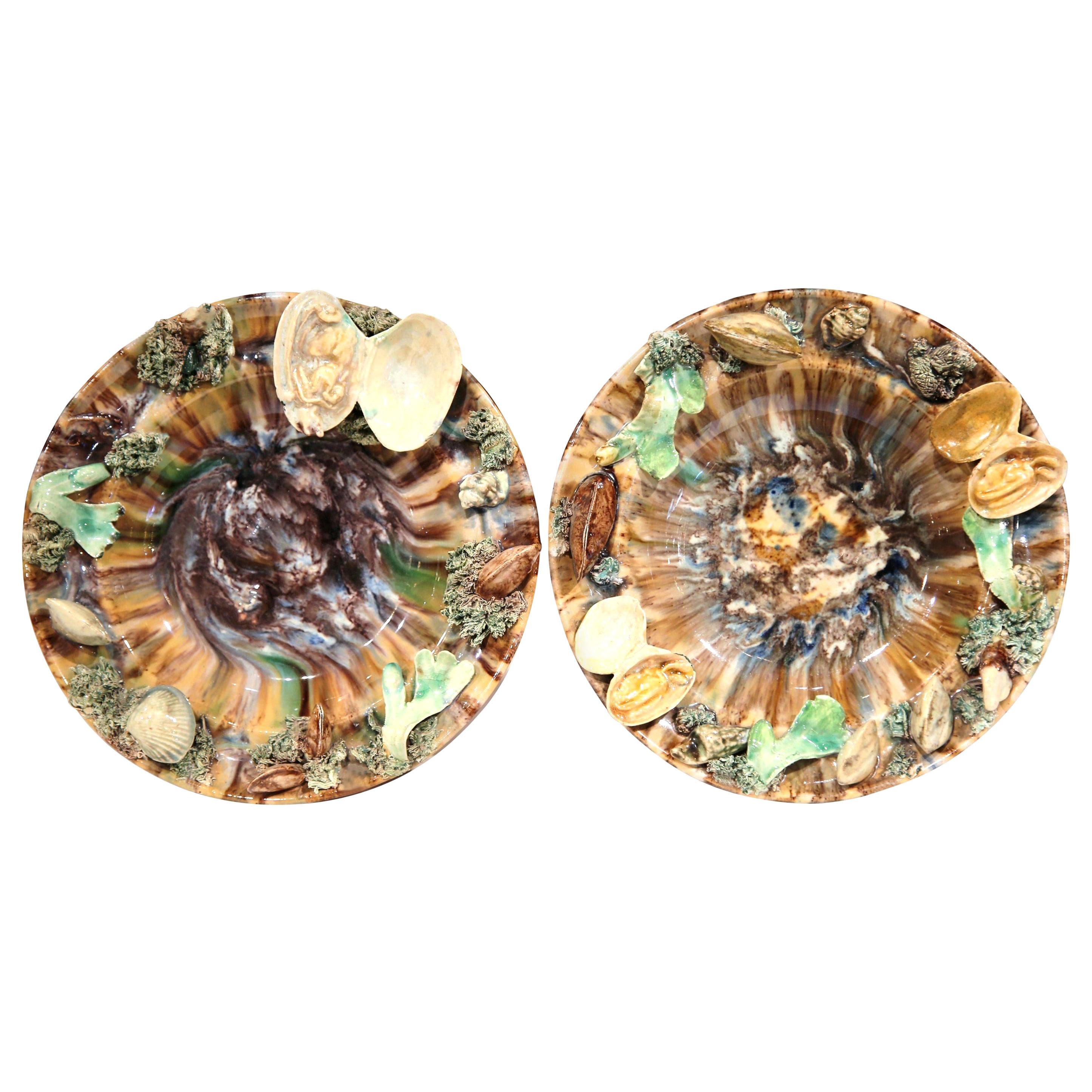 Pair of Early 20th Century Ceramic Barbotine Seashells Wall Hanging Plates