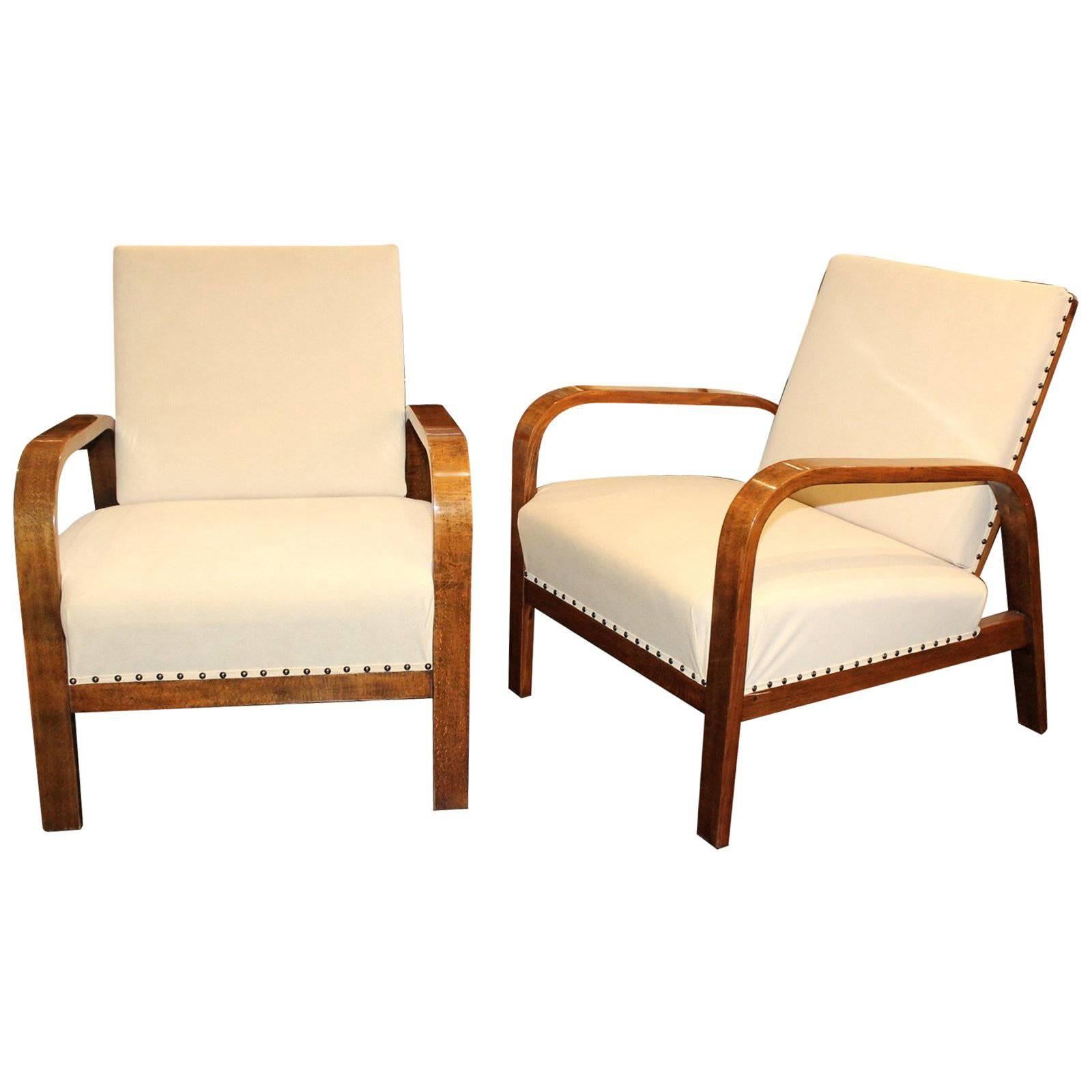 Pair of Early 20th Century Cherrywood Reclining Open Armchairs