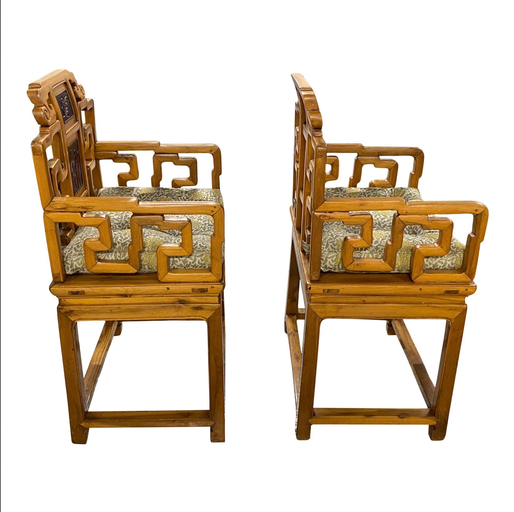 Pair of Early 20th Century Chinese Altar Chairs with Lacquered Panels and Muriel Brandolini Cushions 

39