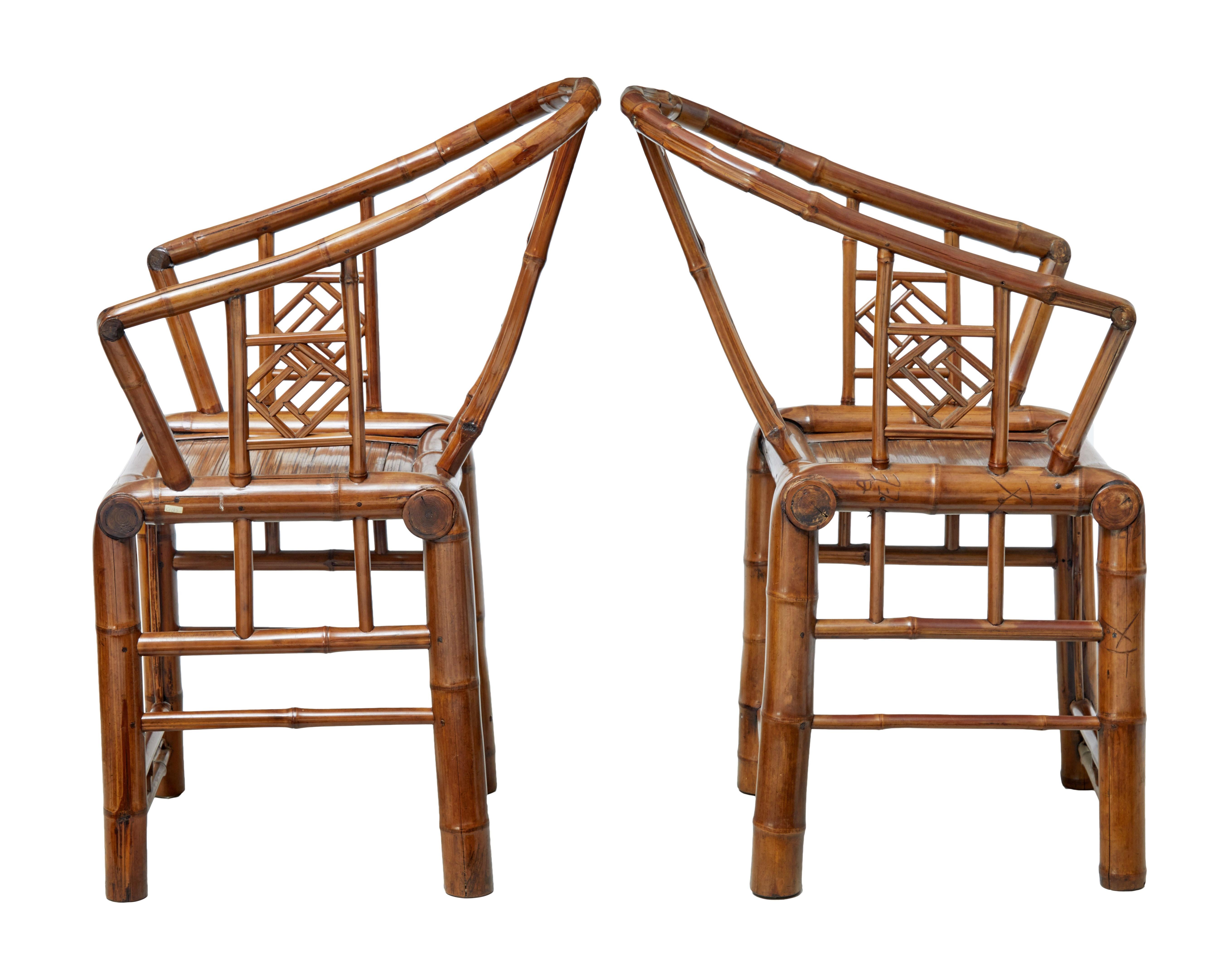 Unusual pair of Chinese bamboo armchairs, circa 1920.

Shaped back and made from various thicknesses of bamboo, ranging from small for the detail work and thick canes for the legs.

Shaped arms. Seat and backrest made from split bamboo. More