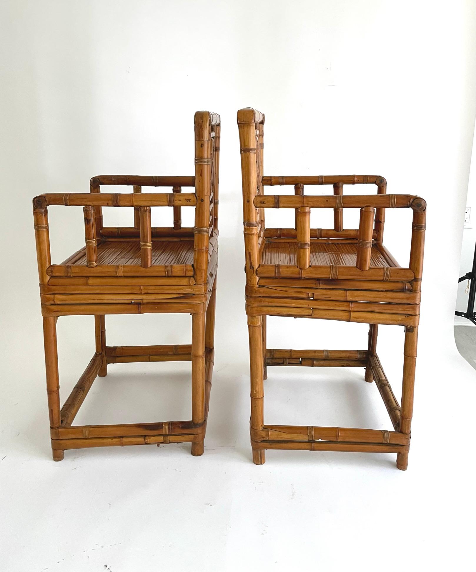 Pair of fine early 20th century bamboo armchairs with lattice style pattern. 

Old bamboo furniture is much rarer than the wood furniture as few have survived. The joinery on bamboo furniture can be very enticing because it partly imitates the