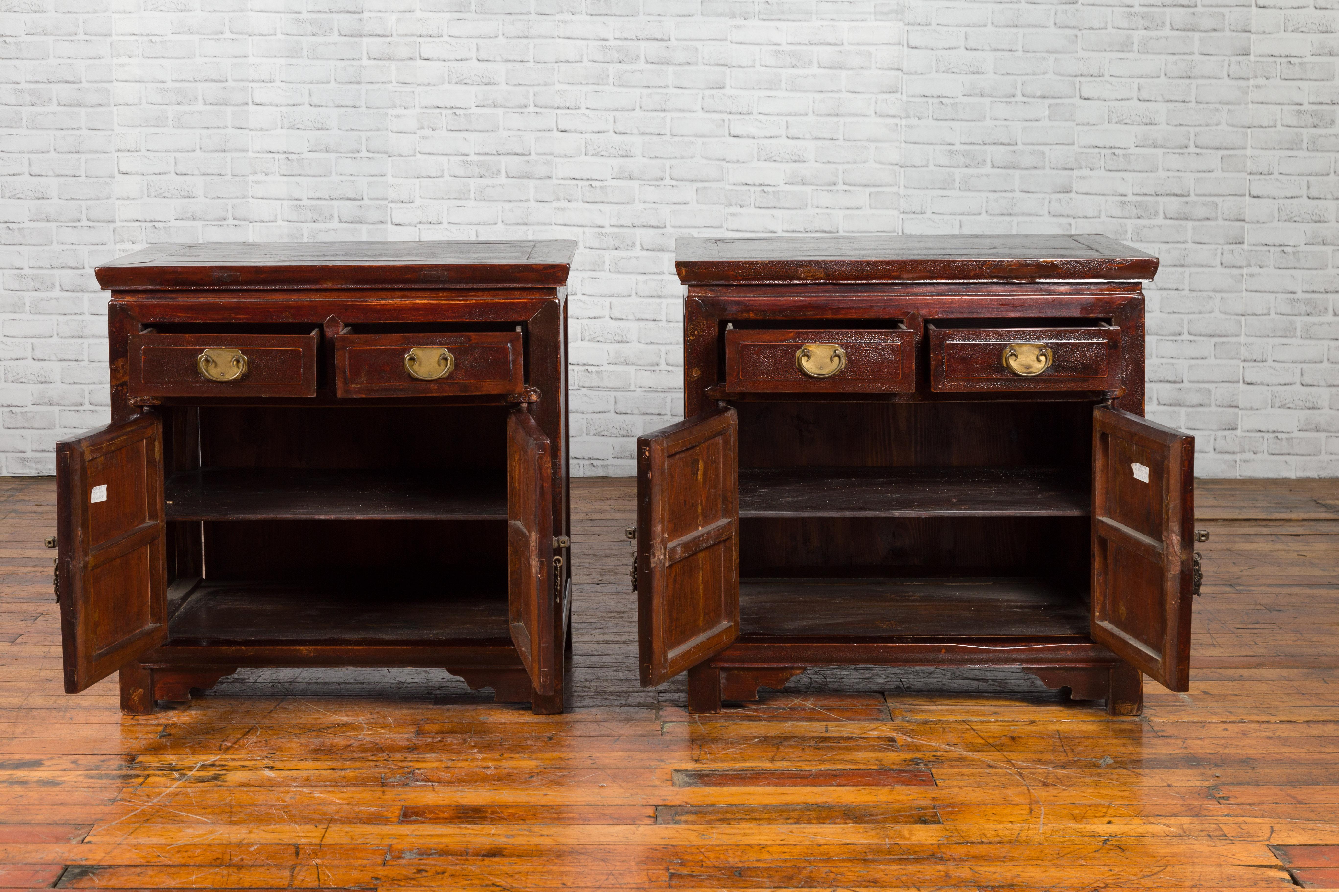 Pair of Early 20th Century Chinese Bedside Cabinets with Reddish Brown Lacquer 5