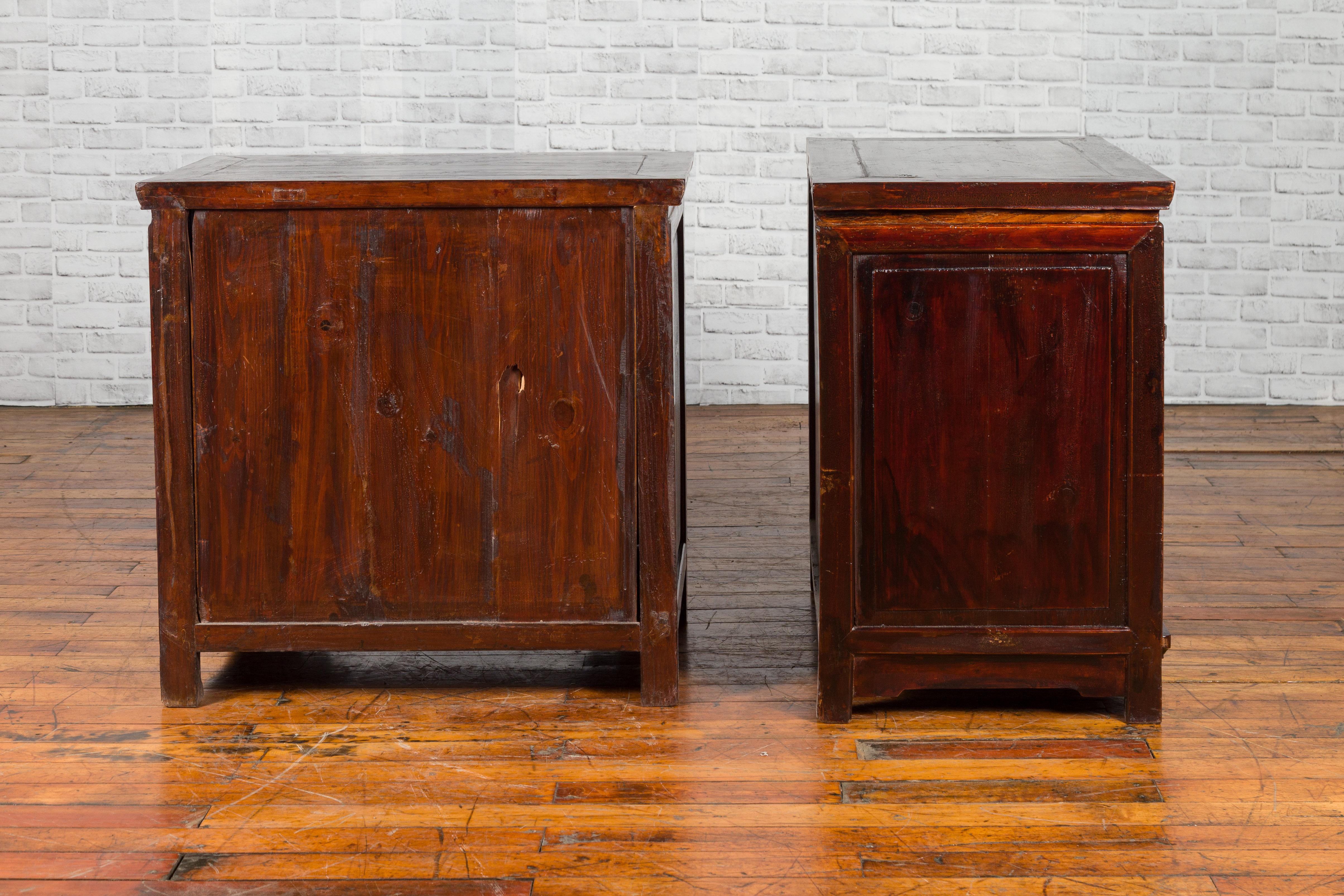 Pair of Early 20th Century Chinese Bedside Cabinets with Reddish Brown Lacquer 7