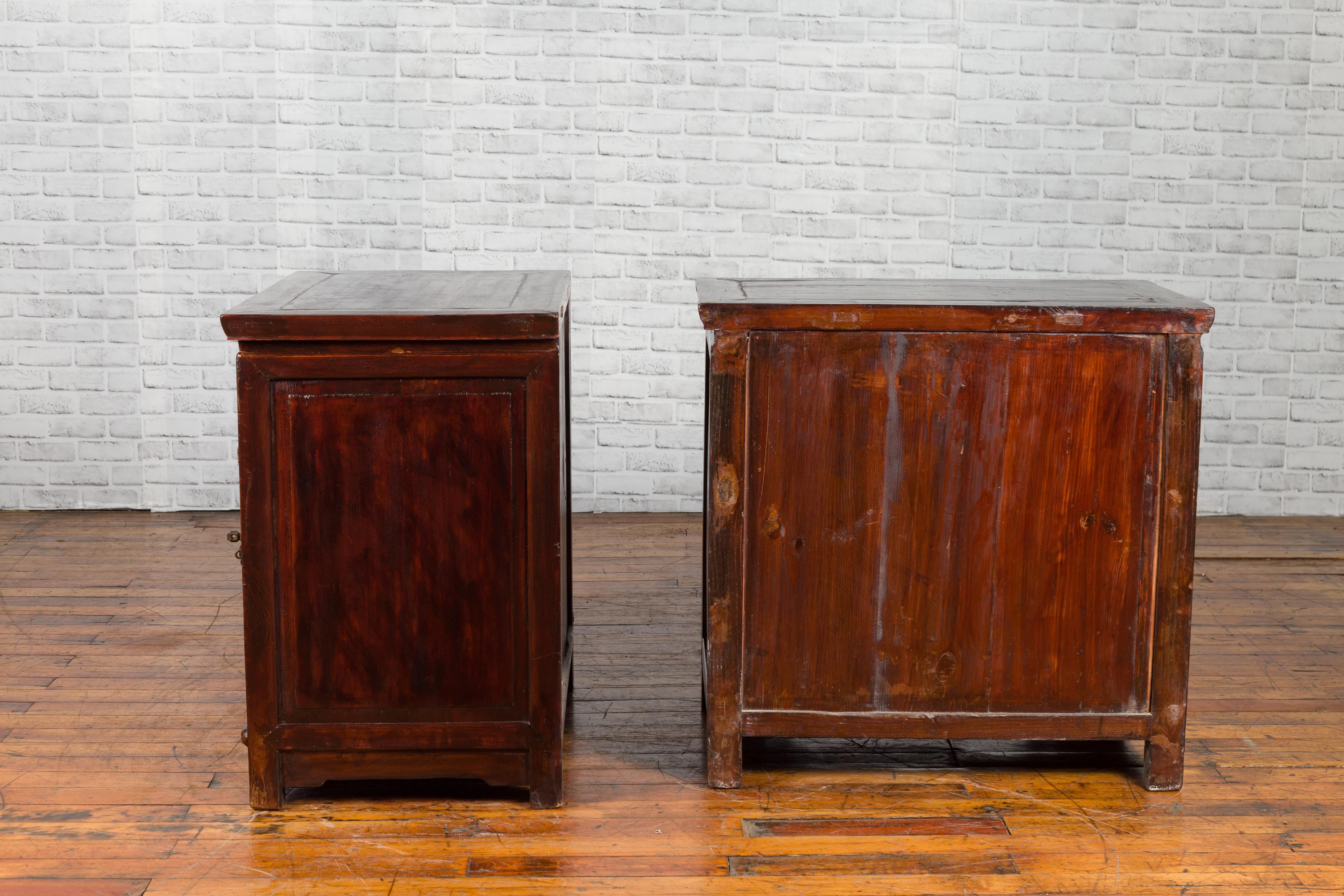 Pair of Early 20th Century Chinese Bedside Cabinets with Reddish Brown Lacquer 8