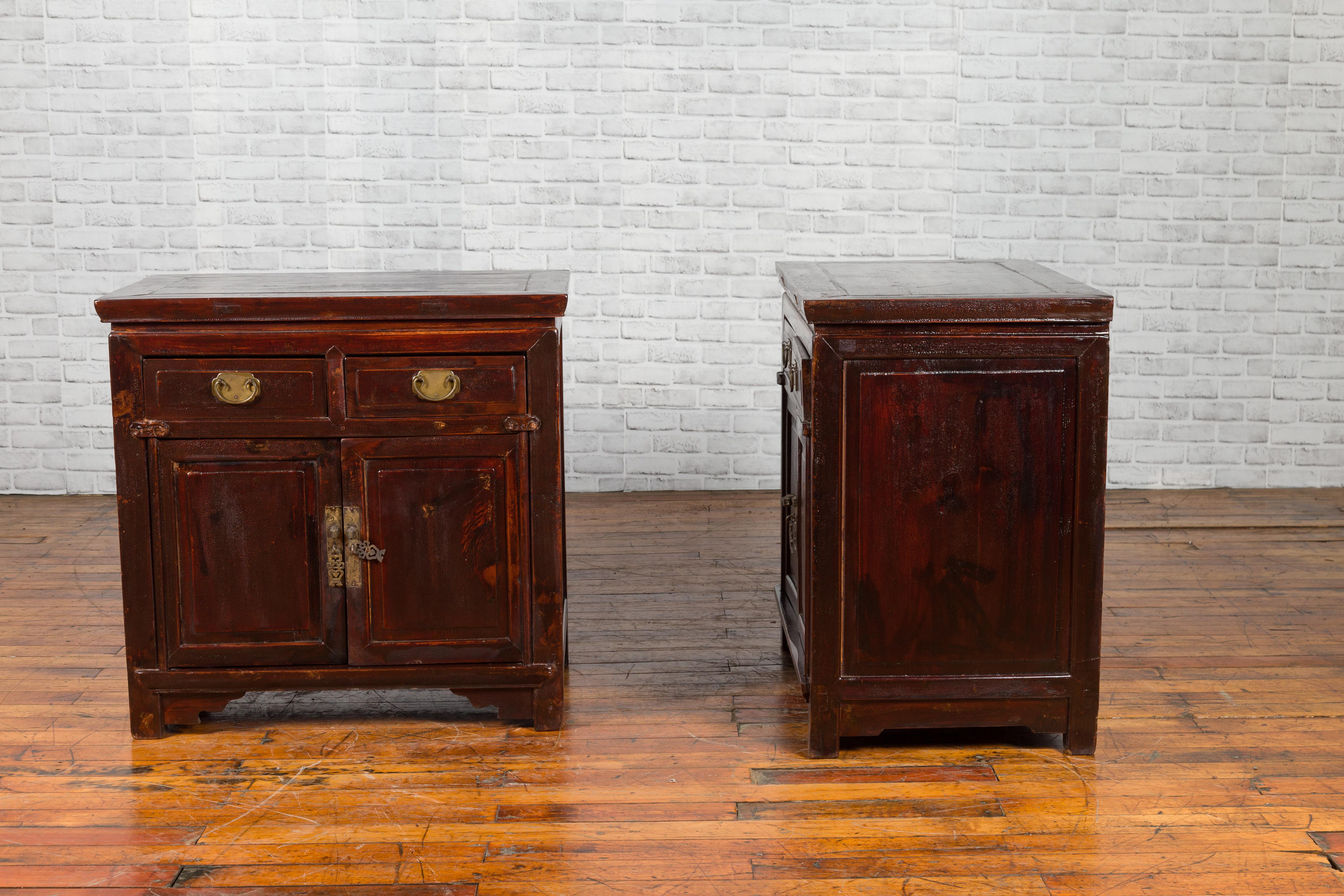 Pair of Early 20th Century Chinese Bedside Cabinets with Reddish Brown Lacquer 9