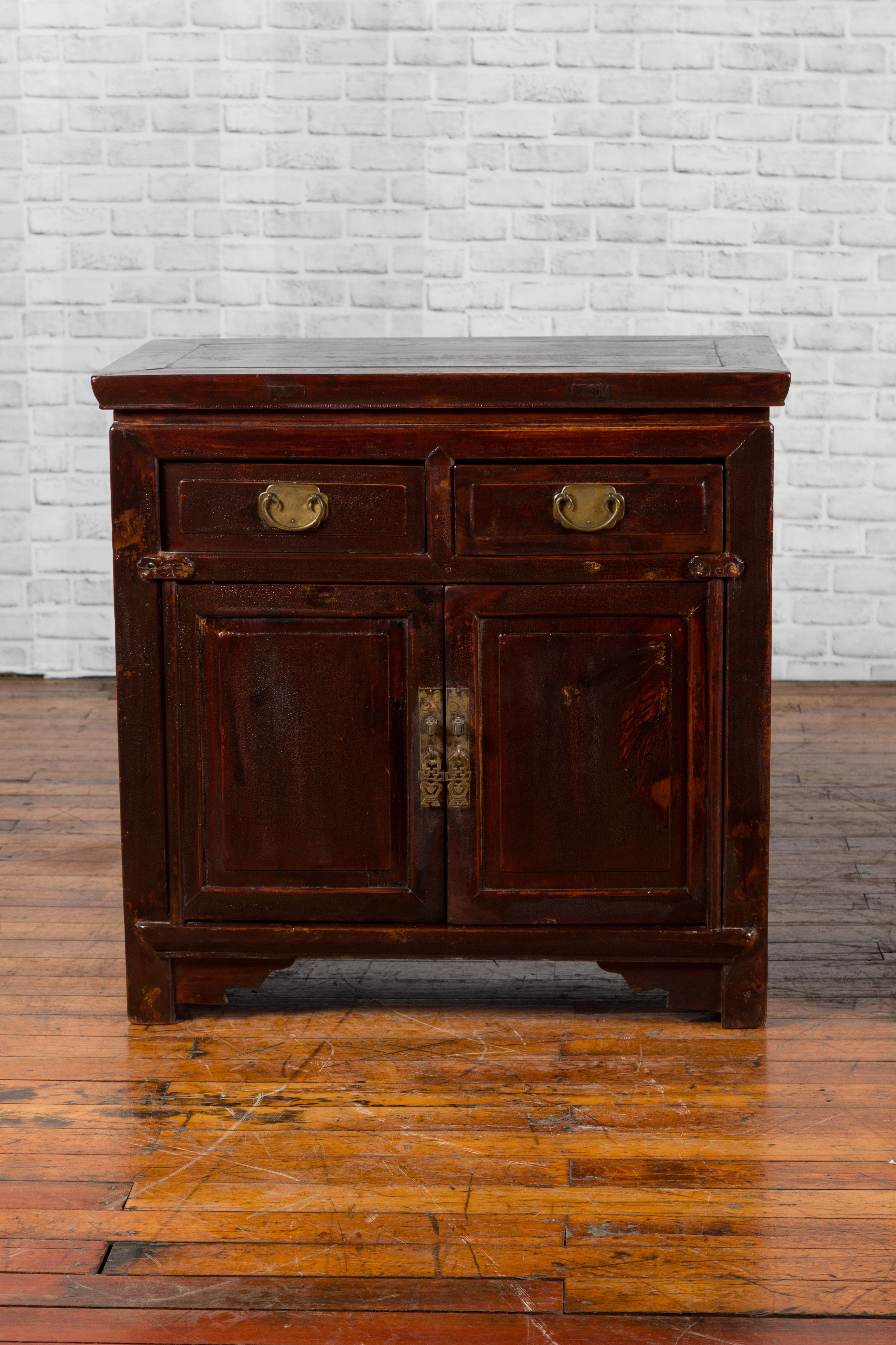 Wood Pair of Early 20th Century Chinese Bedside Cabinets with Reddish Brown Lacquer
