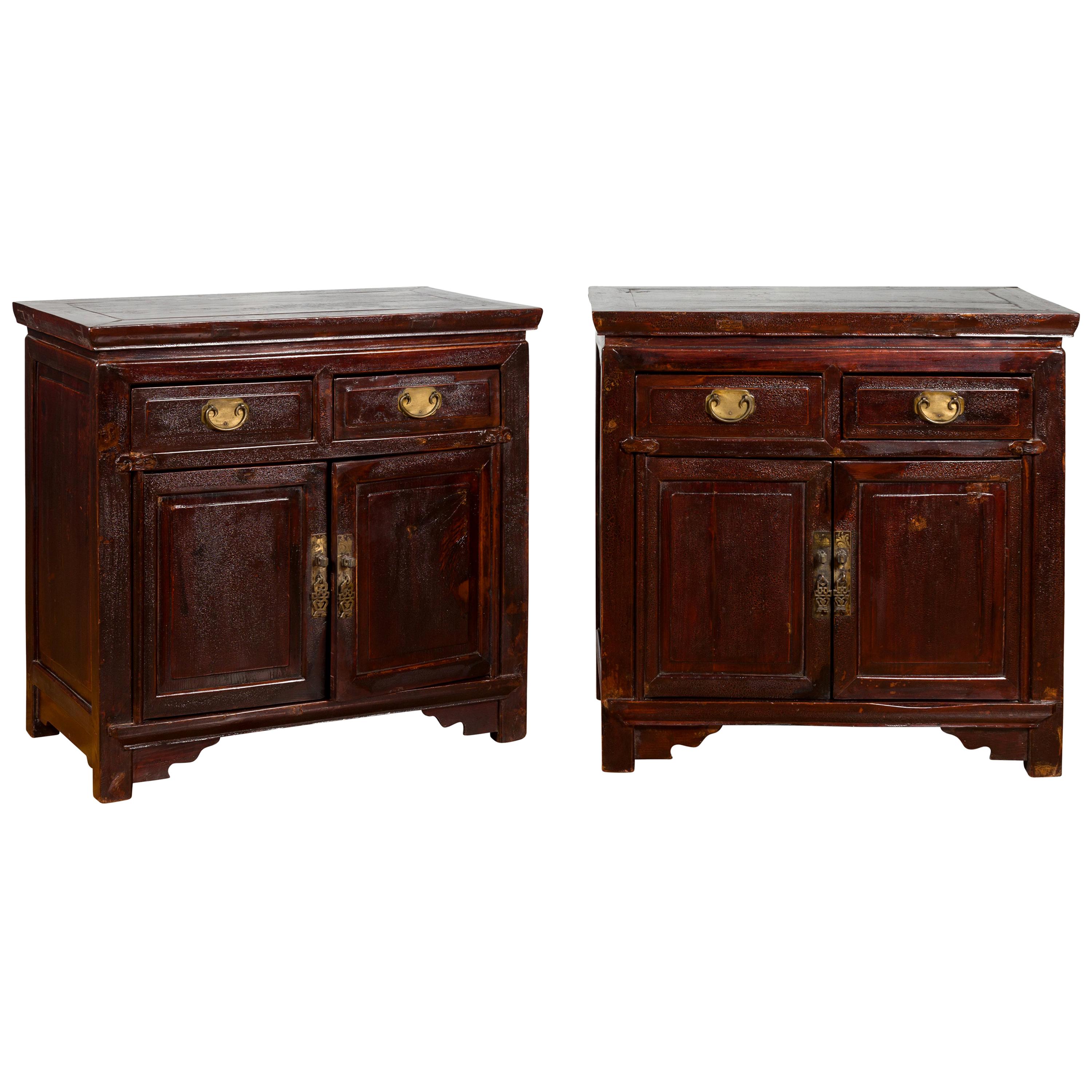 Pair of Early 20th Century Chinese Bedside Cabinets with Reddish Brown Lacquer