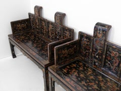 Pair Of Early 20th Century Chinese Black Lacquer Gilt & Polychrome Bench Seats