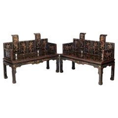 Pair Of Early 20th Century Chinese Black Lacquer Gilt & Polychrome Bench Seats